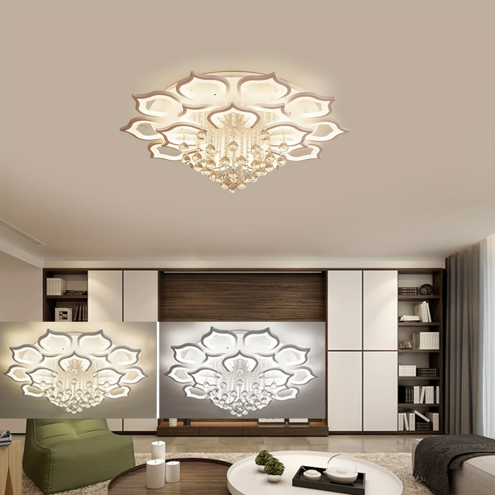 Flower ceiling light design with crystal center, featuring 16-petal LED structure and warm to cool lighting variations