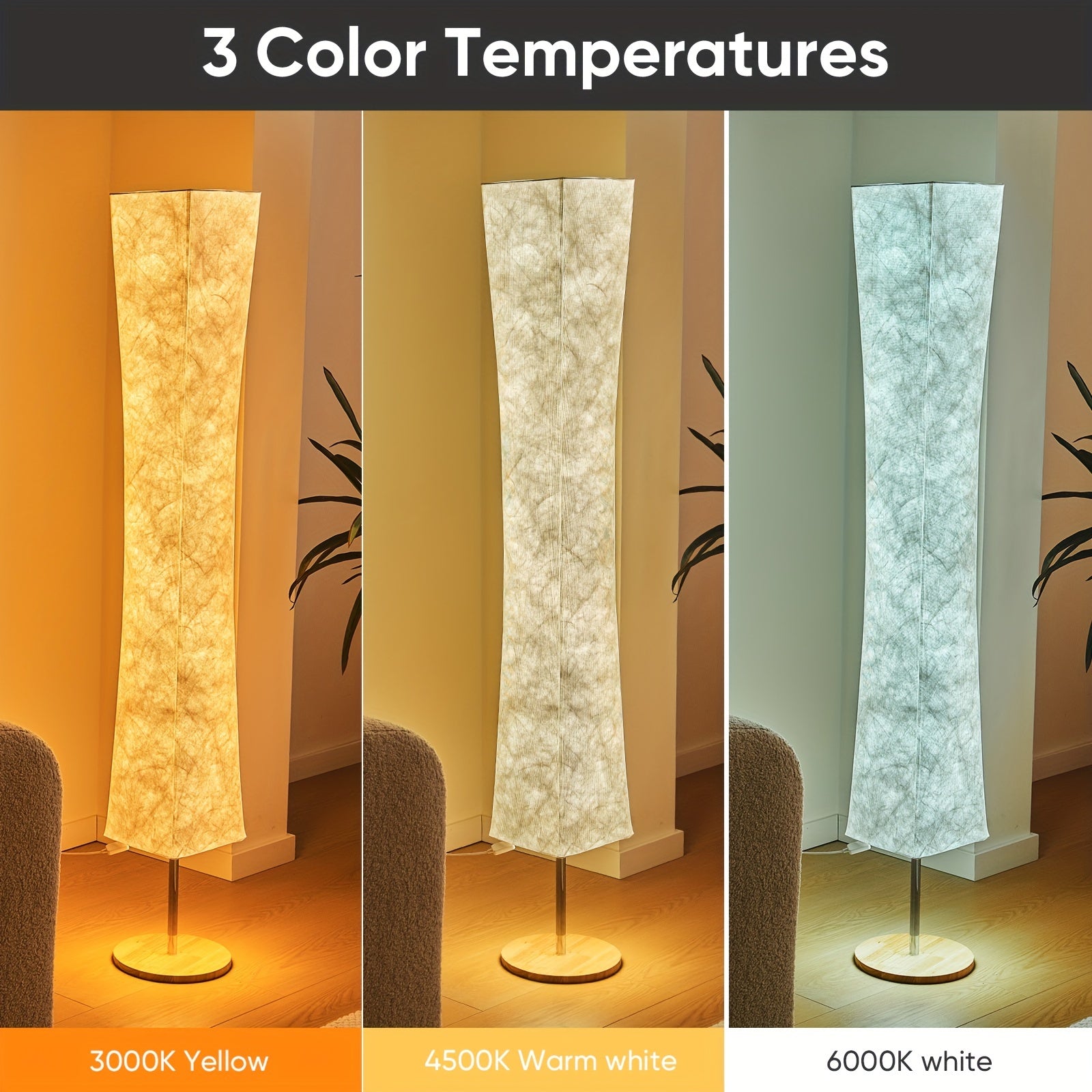Showcasing three adjustable color temperatures, this modern, tall floor lamp offers 3000K yellow, 4500K warm white, and 6000K crisp white for indoor settings