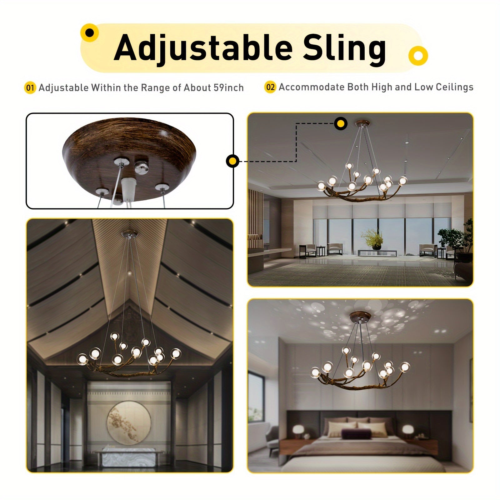 Modern chandelier with bubble-shaped bulbs and branch-inspired frame, shown in various rooms with adjustable height for high and low ceilings