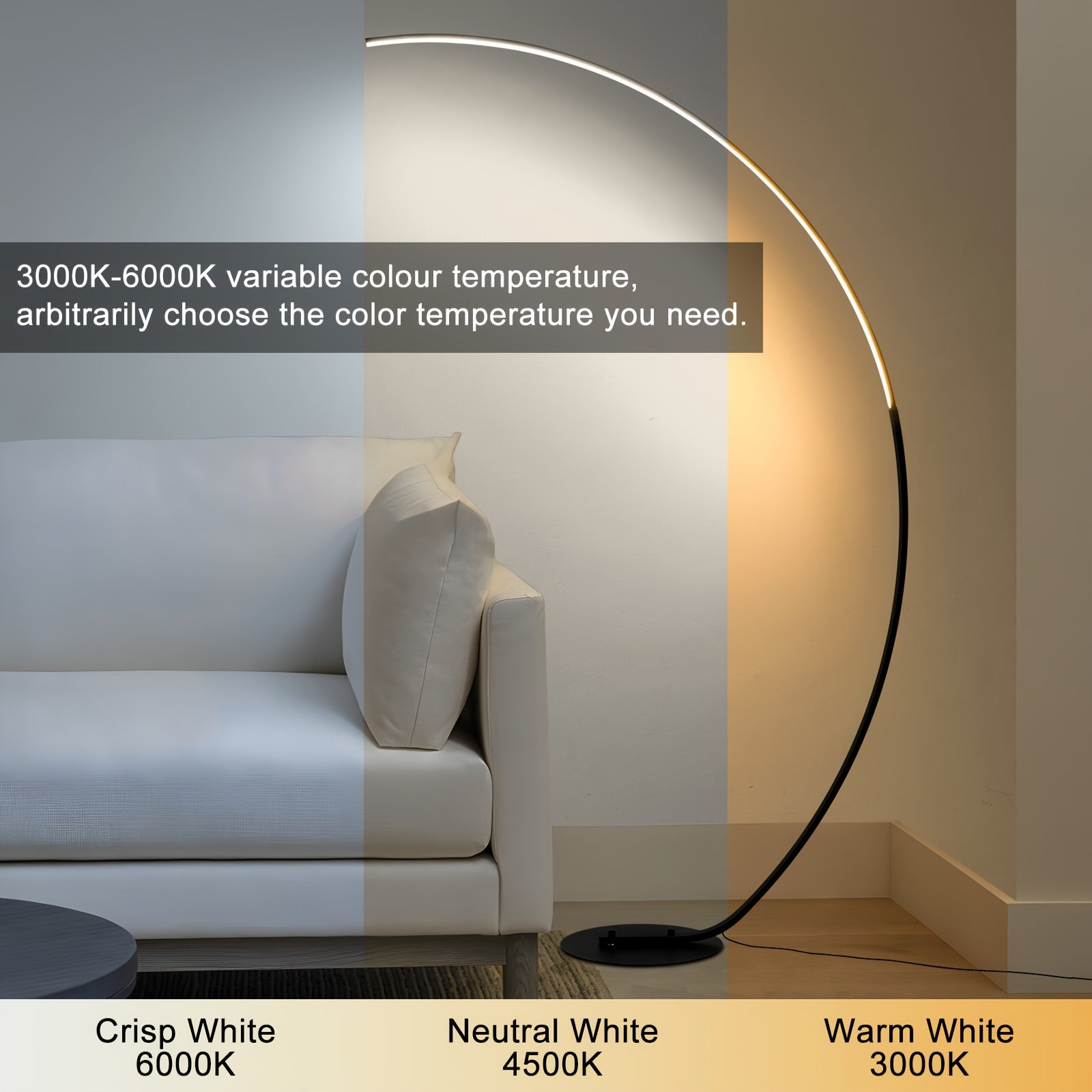 An arched floor lamp demonstrating its adjustable color temperature feature, ranging from crisp white (6000K) to warm white (3000K) for versatile lighting.