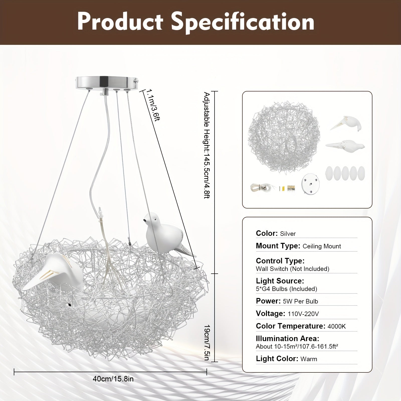 Detailed product specification of bird nest pendant light showing size, bulb type, parts included, and warm light output with adjustable height