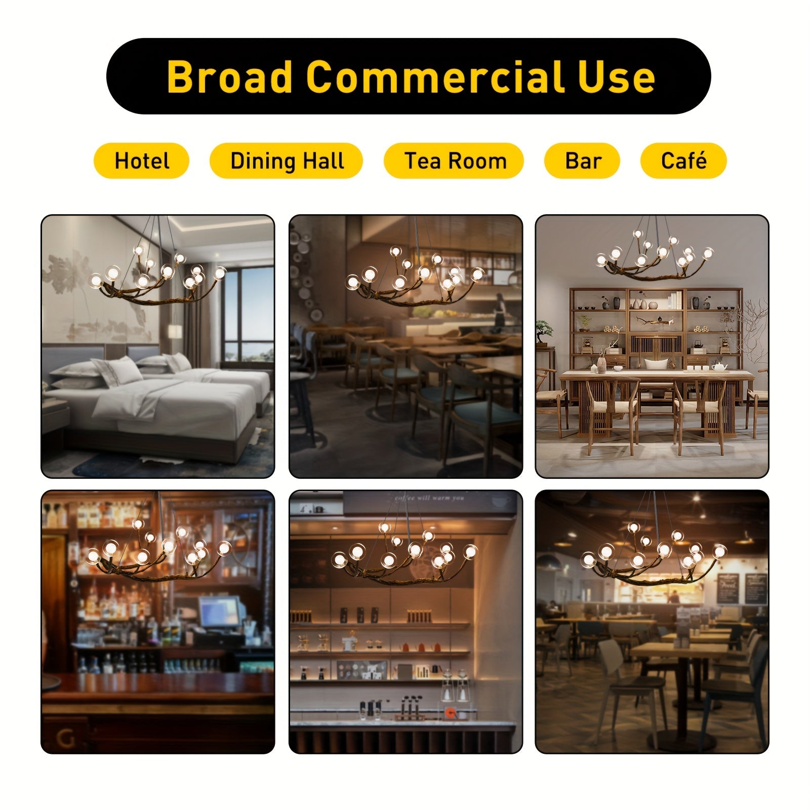 Stylish chandelier with glass globes and branching arms used in hotels, cafés, bars, dining halls, and tea rooms for versatile commercial lighting