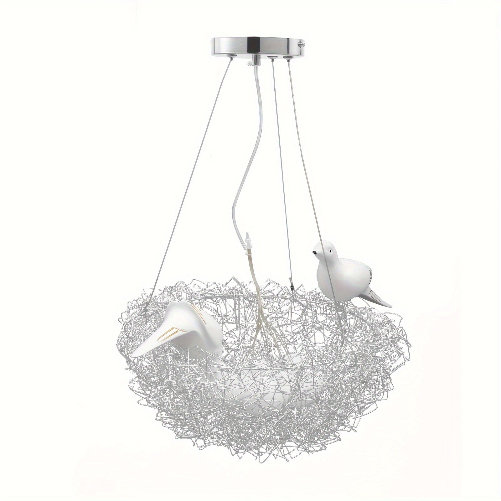 Hanging pendant light with wire nest frame and two sculpted bird figures, designed for soft decorative lighting
