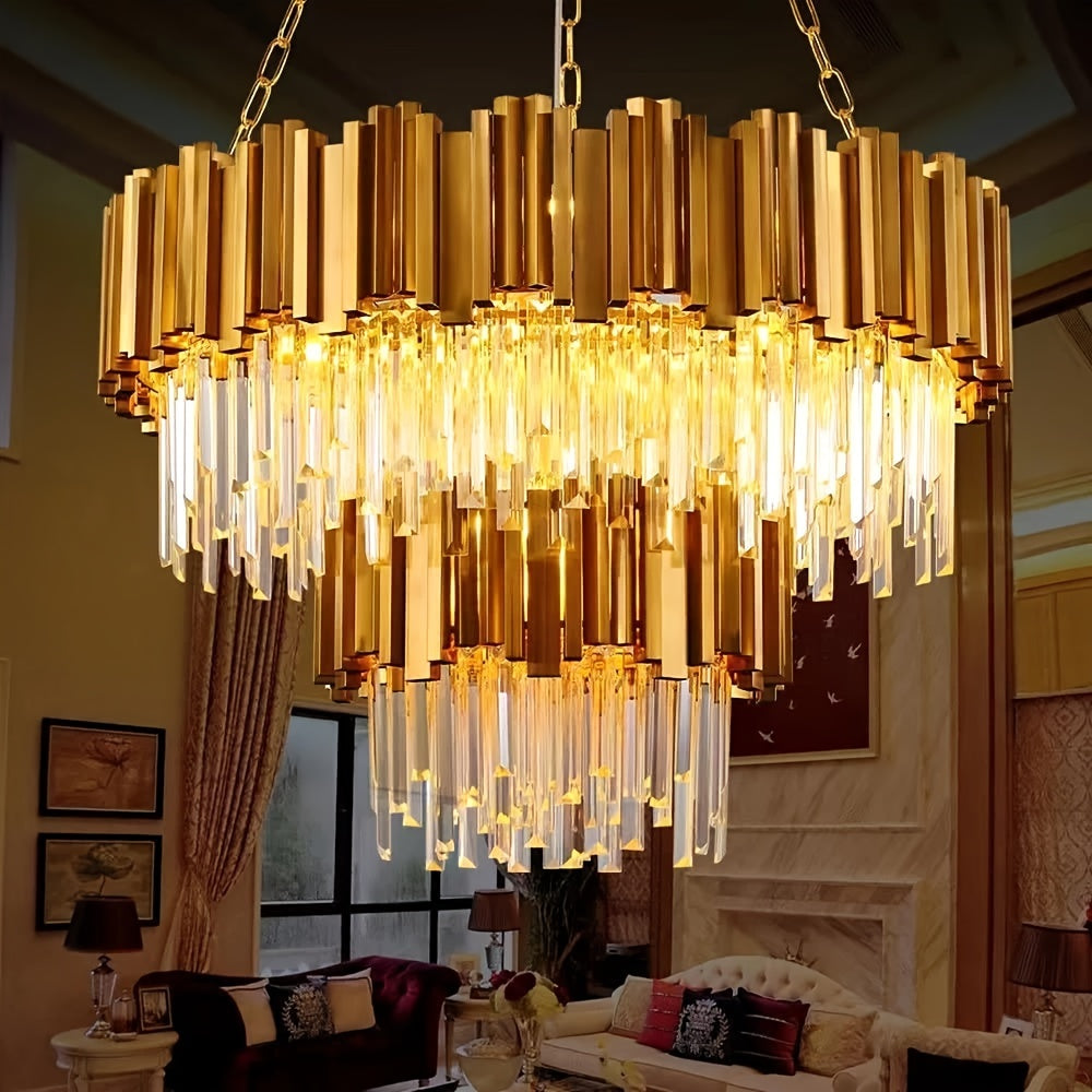 A dazzling multi-tiered crystal chandelier with golden accents, serving as a luxurious centerpiece in a beautifully furnished living room.