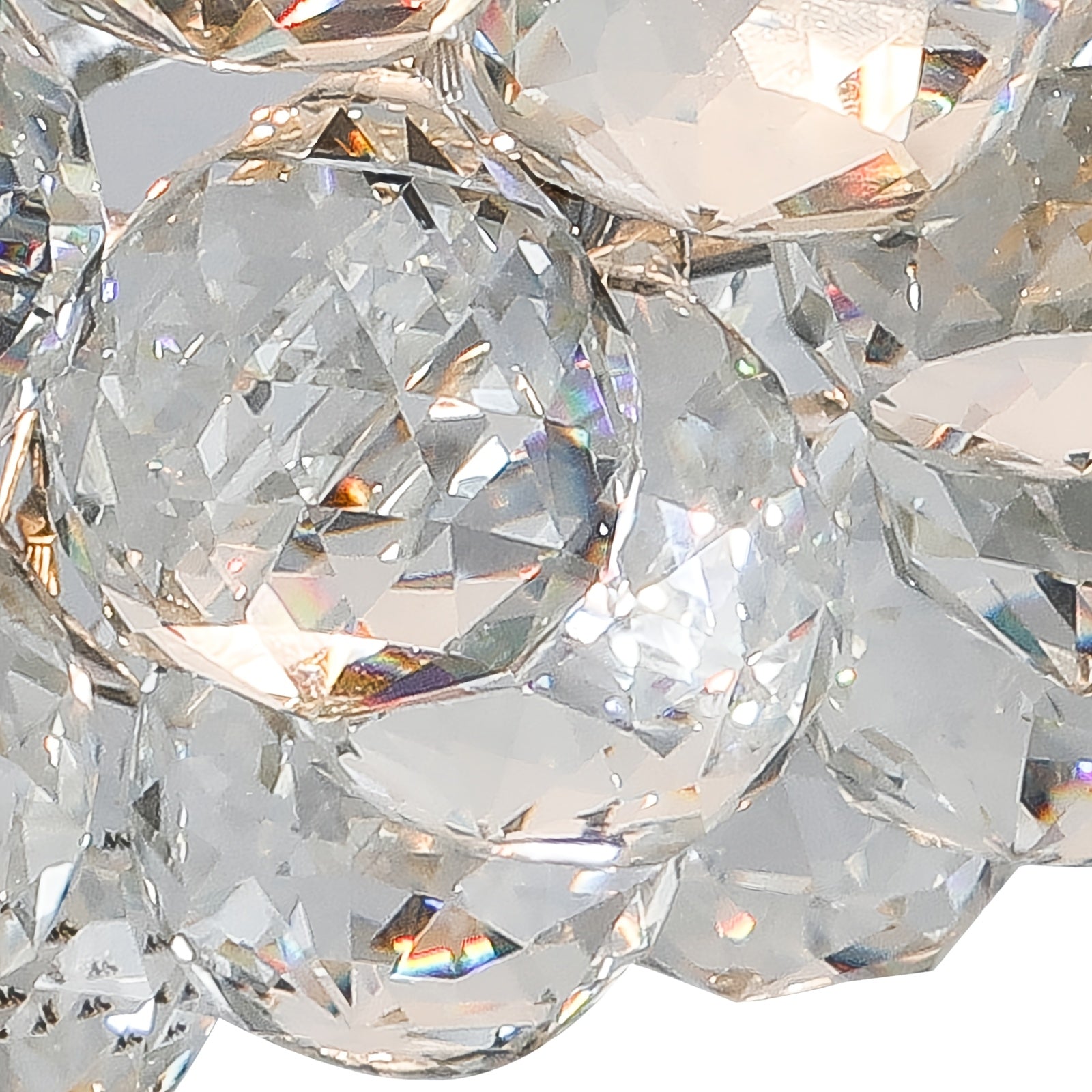 Closeup of faceted glass droplets on a bubble light fixture, reflecting light with crystal clarity and subtle rainbow effects