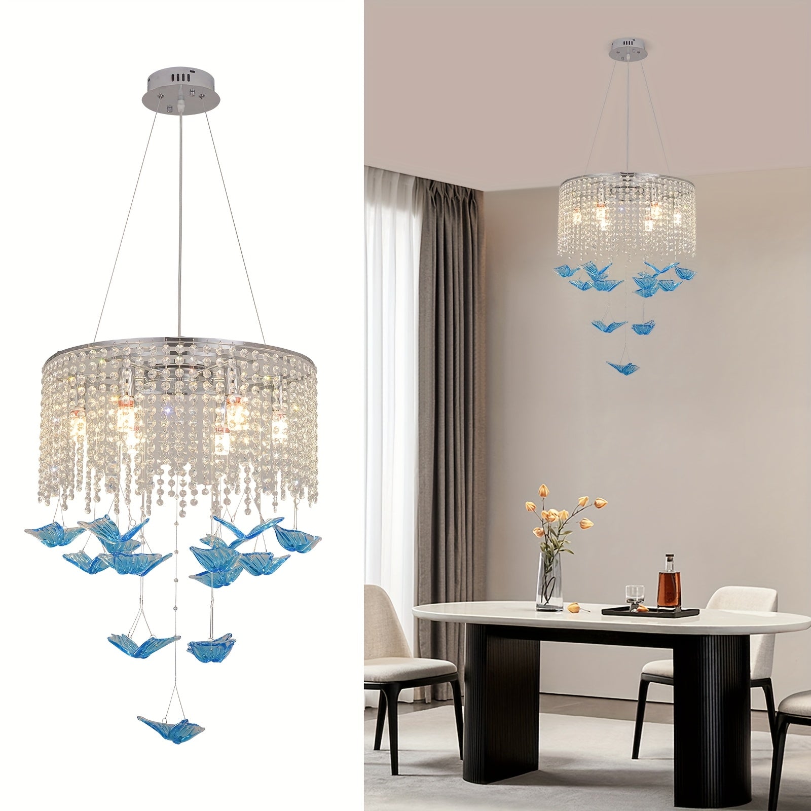 Crystal pendant light featuring a butterfly light fixture in use, with a close-up on the left and ceiling-mounted display on the right in a seating area