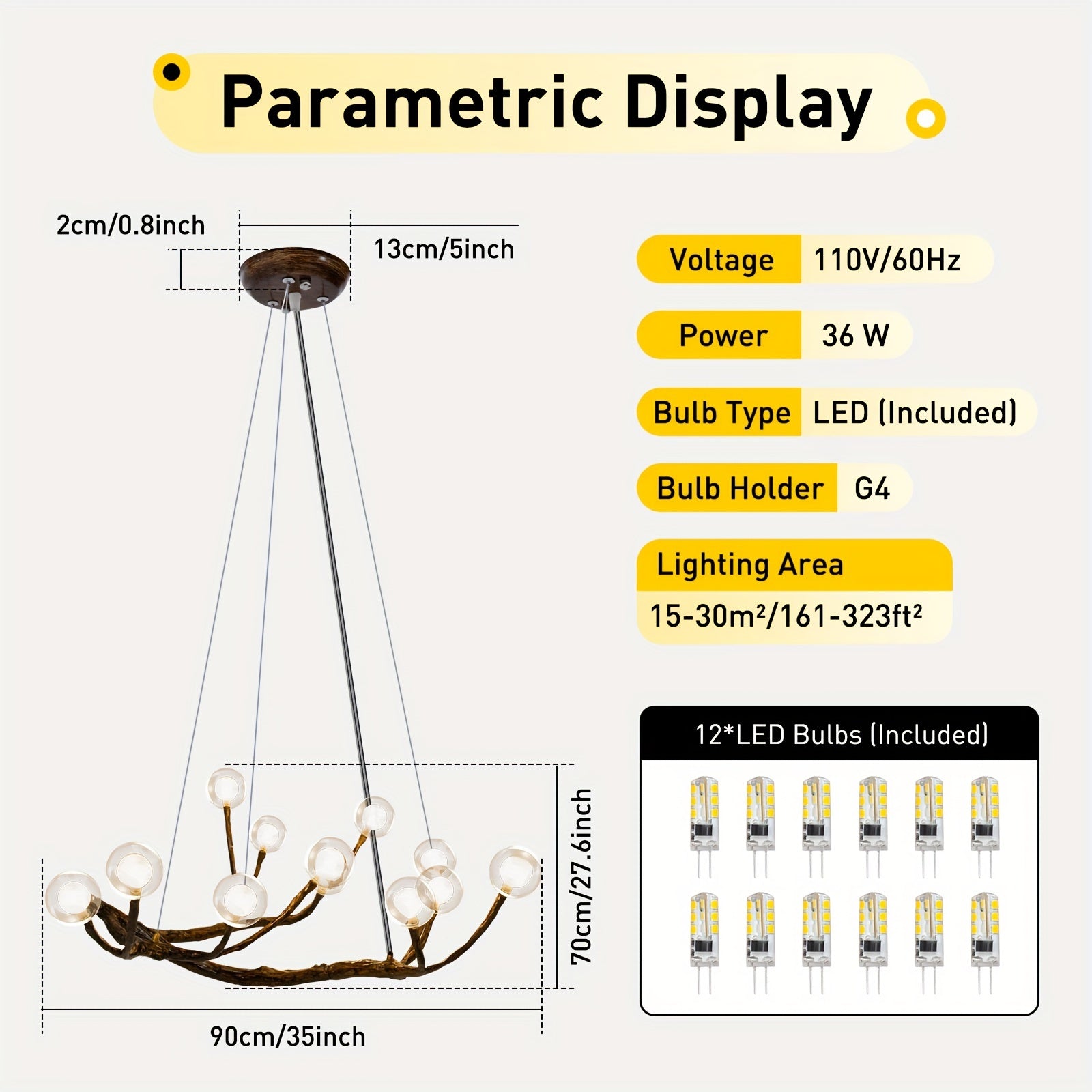 Specs of LED chandelier with bulb details, wattage, and hanging measurements