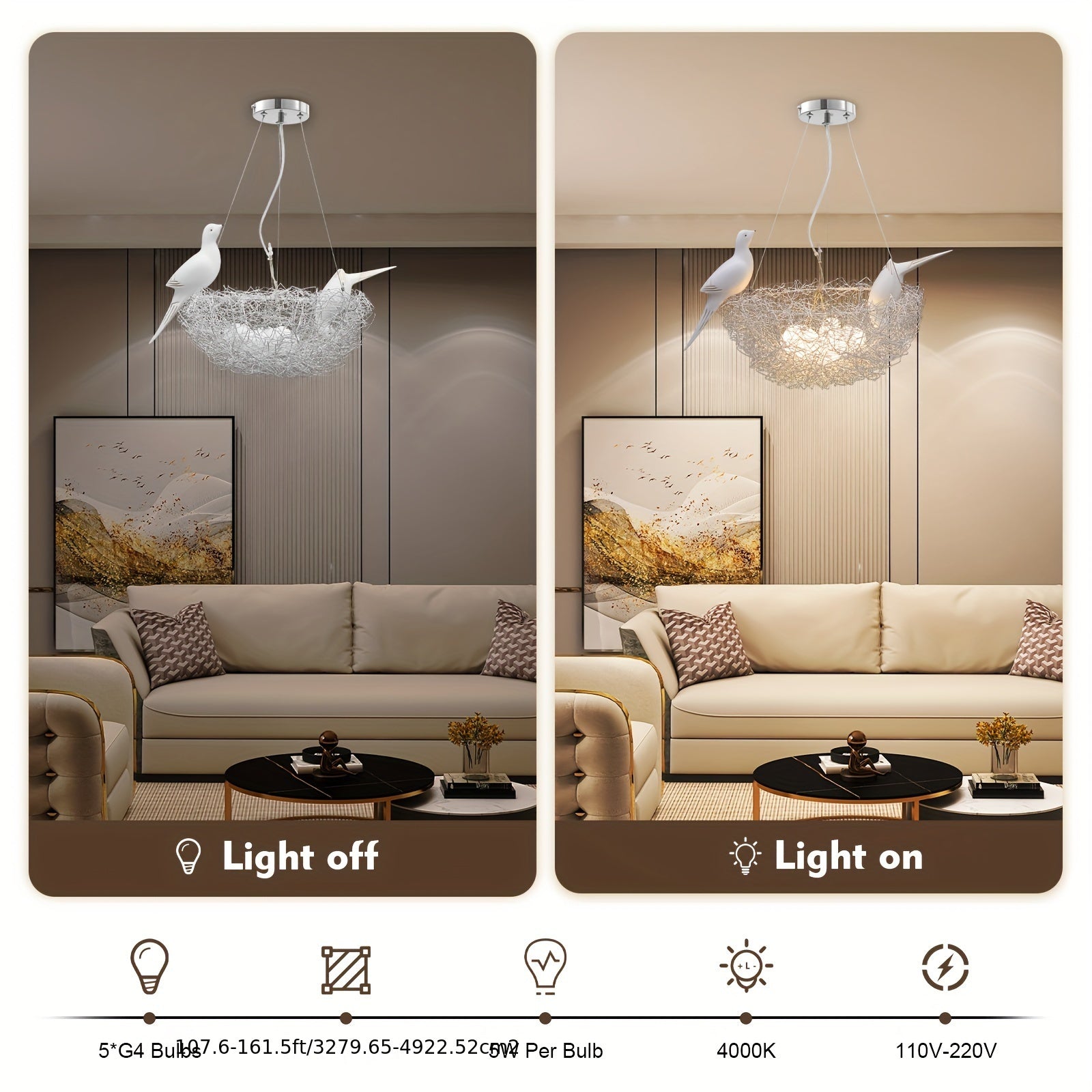 Side-by-side lighting comparison in a modern living room featuring a pendant fixture styled like a bird nest with warm ambient glow