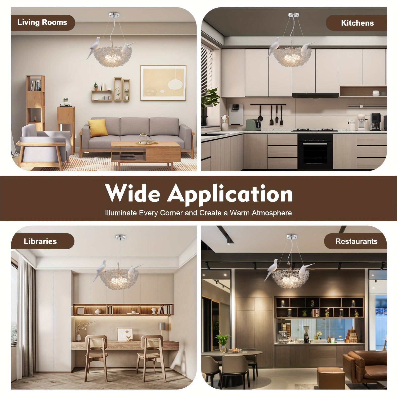 Pendant light styled like a bird’s nest shown in living room, kitchen, library, and restaurant settings to highlight wide application