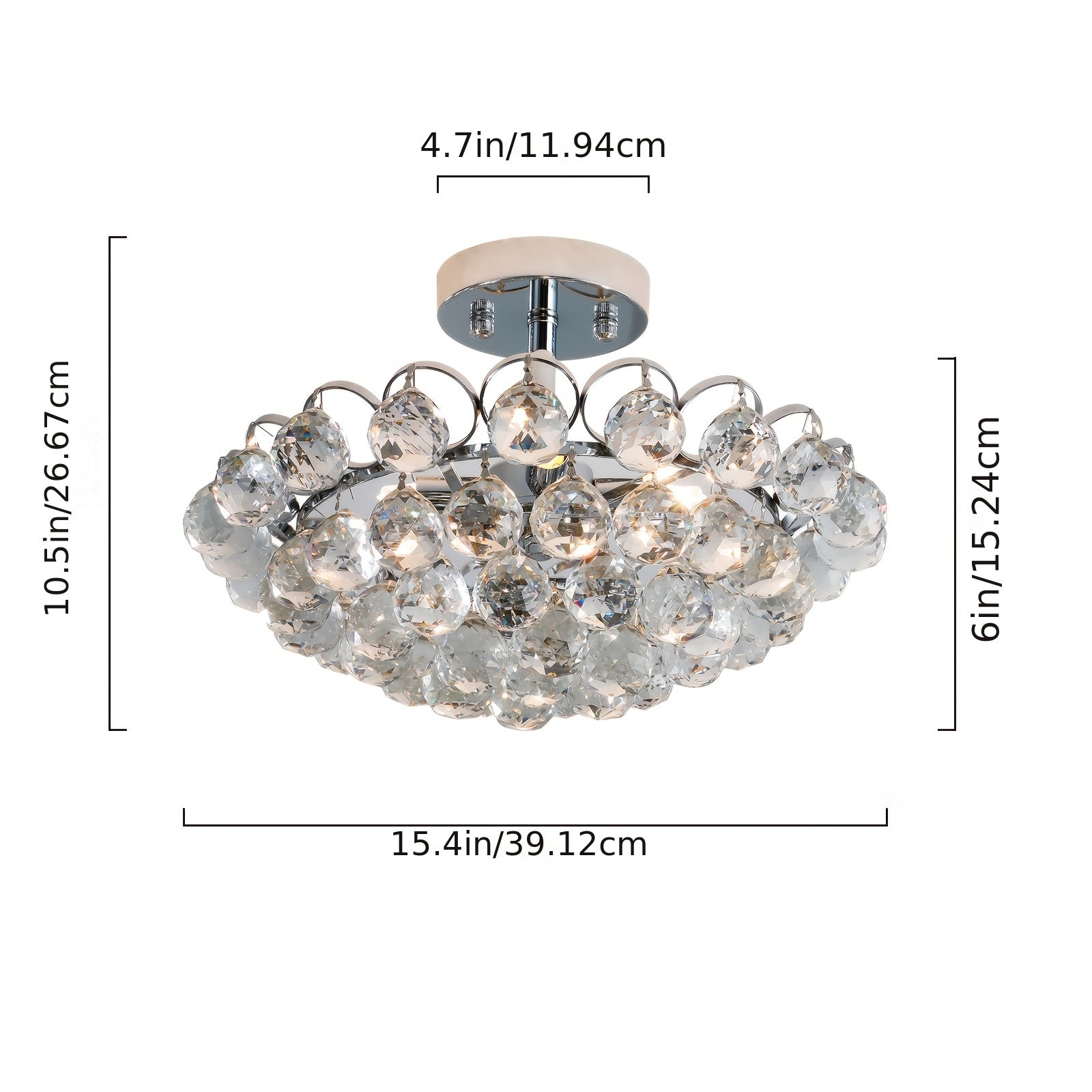 Dimensions of a bubble light fixture shown with height, width, and canopy size measurements, featuring crystal glass droplets