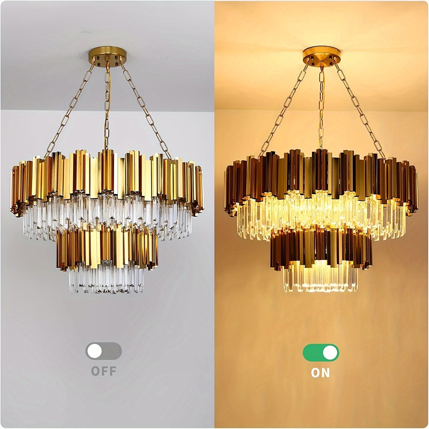 The Walt 17-light golden crystal chandelier displayed in both its unlit (off) and fully illuminated (on) states, showcasing its brilliant glow.