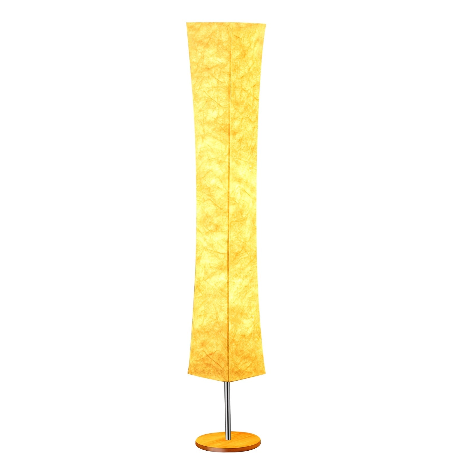 Glowing yellow textured shade on a standing floor lamp with a round wooden base, providing soft ambient light