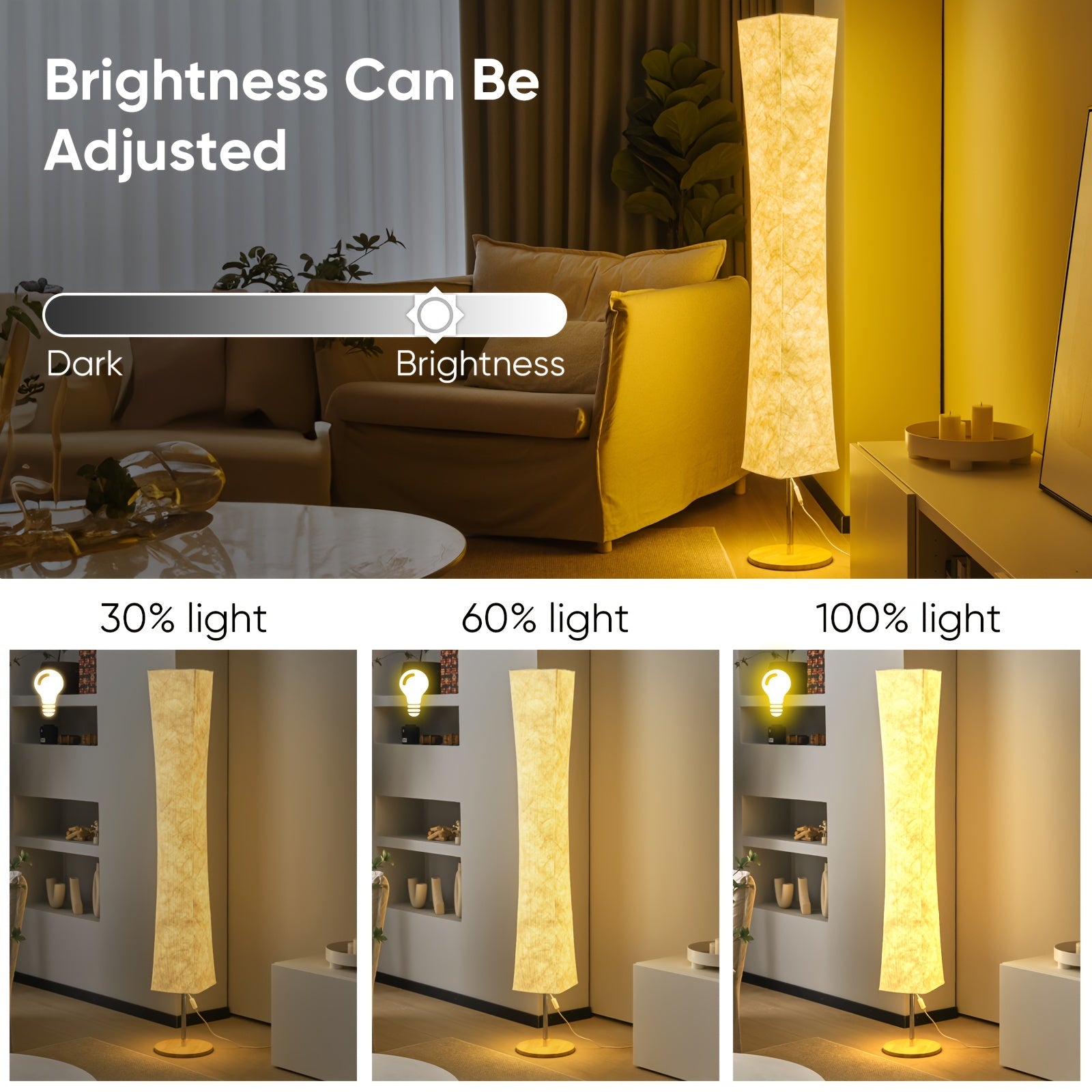 Lighting levels displayed at 30%, 60%, and 100% on a tall floor lamp with fabric shade and wood base, designed for adjustable ambiance