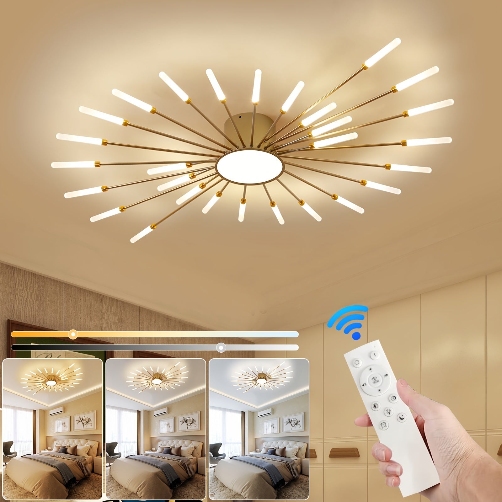 Adjustable lighting tones shown in a bedroom with a remote-controlled gold sputnik flush mount ceiling light