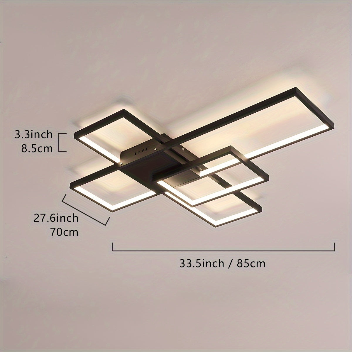 LED ceiling light displayed with width, height, and depth measurements, designed for modern bedroom use