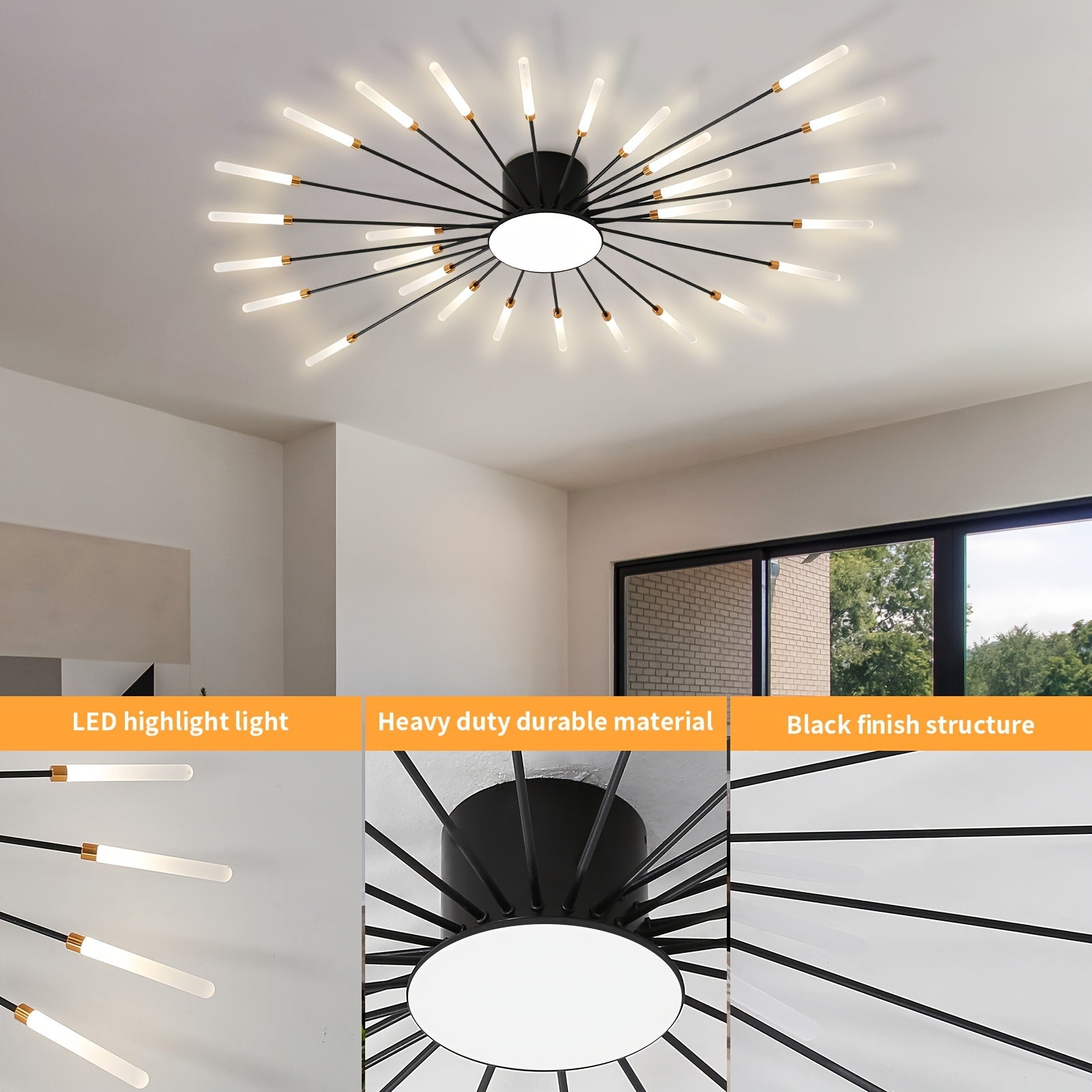 Detailed shots showcasing the black sputnik flush mount ceiling light with LED lighting and sturdy metal frame