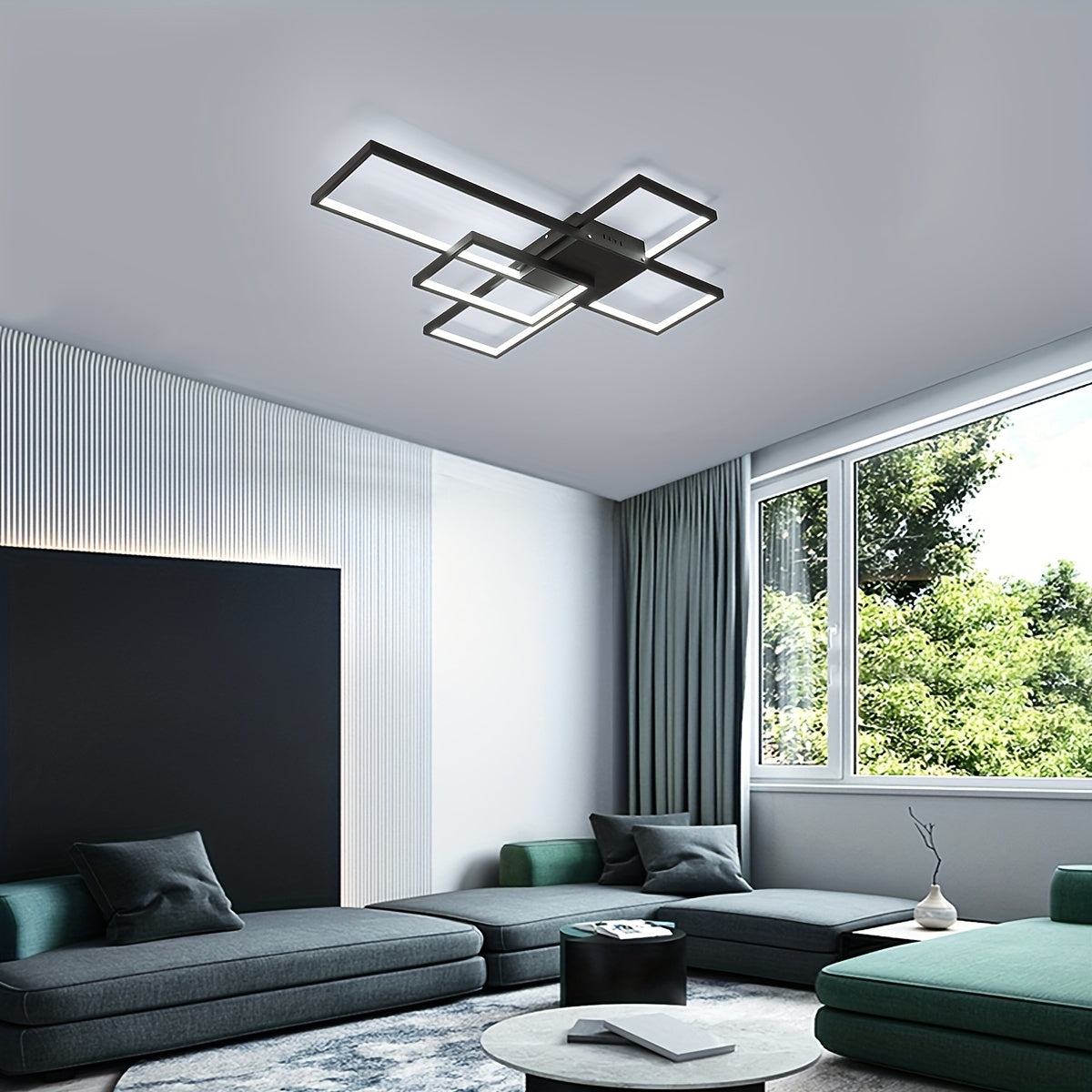 living area with dark green and charcoal gray seating, white walls, large windows, and a black-framed geometric LED ceiling light