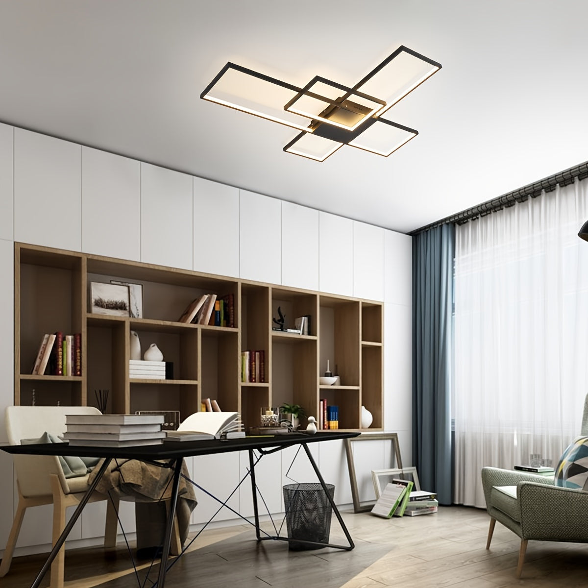 Stylish workspace with built-in wood shelving, large window drapes, and a ceiling-mounted LED light featuring a black geometric frame design