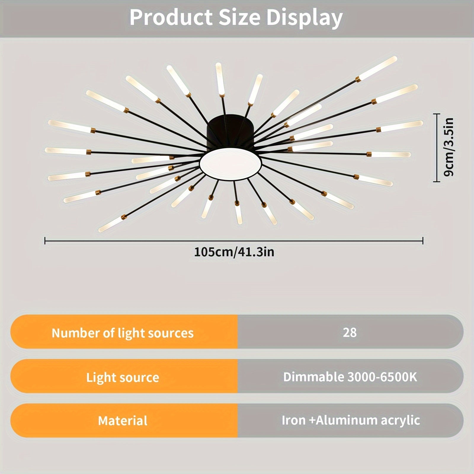 Dimensions of the black sputnik flush mount ceiling light with 28 light sources, dimmable brightness, and iron aluminum acrylic construction