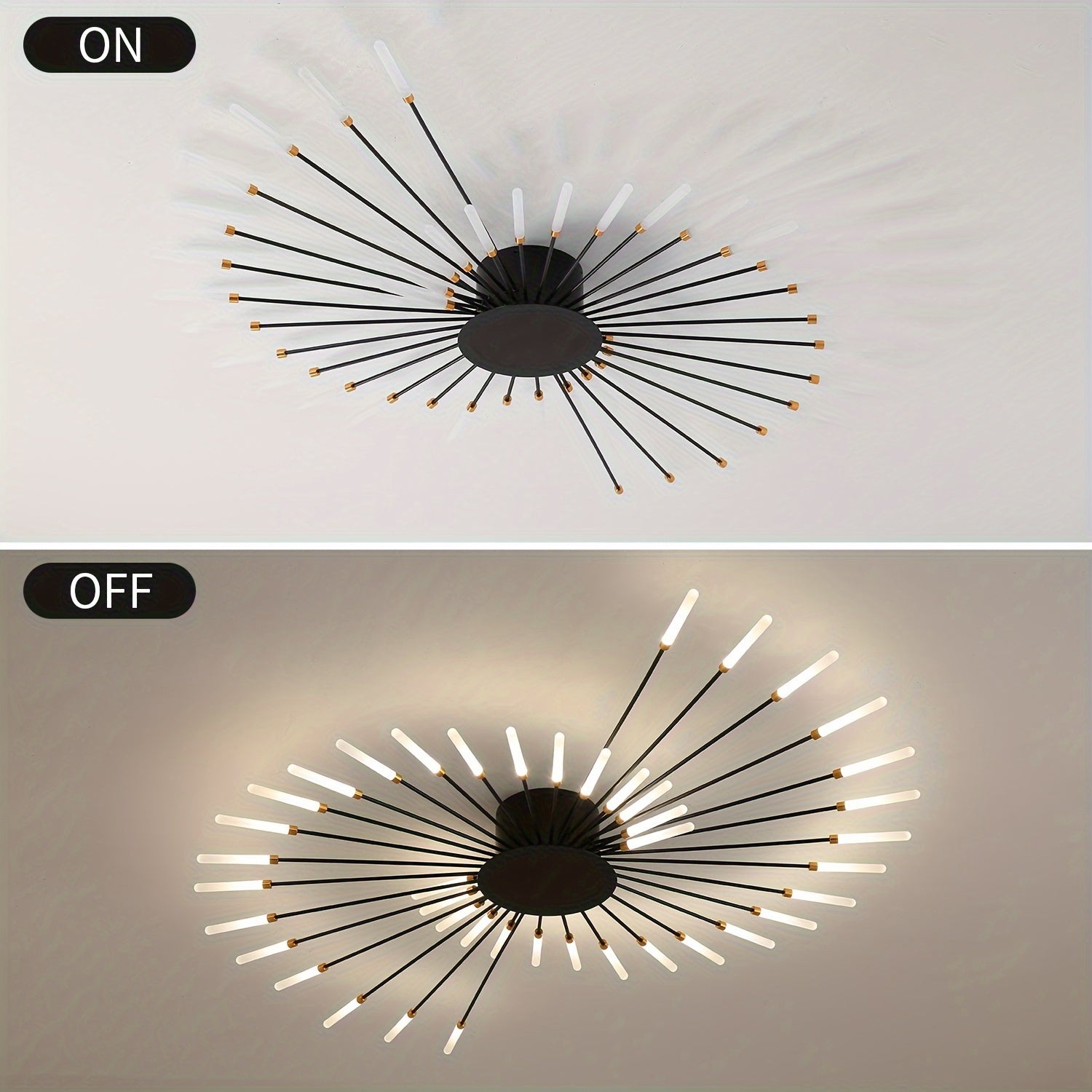Dual view showing the black sputnik flush mount ceiling light turned on and off against a white ceiling
