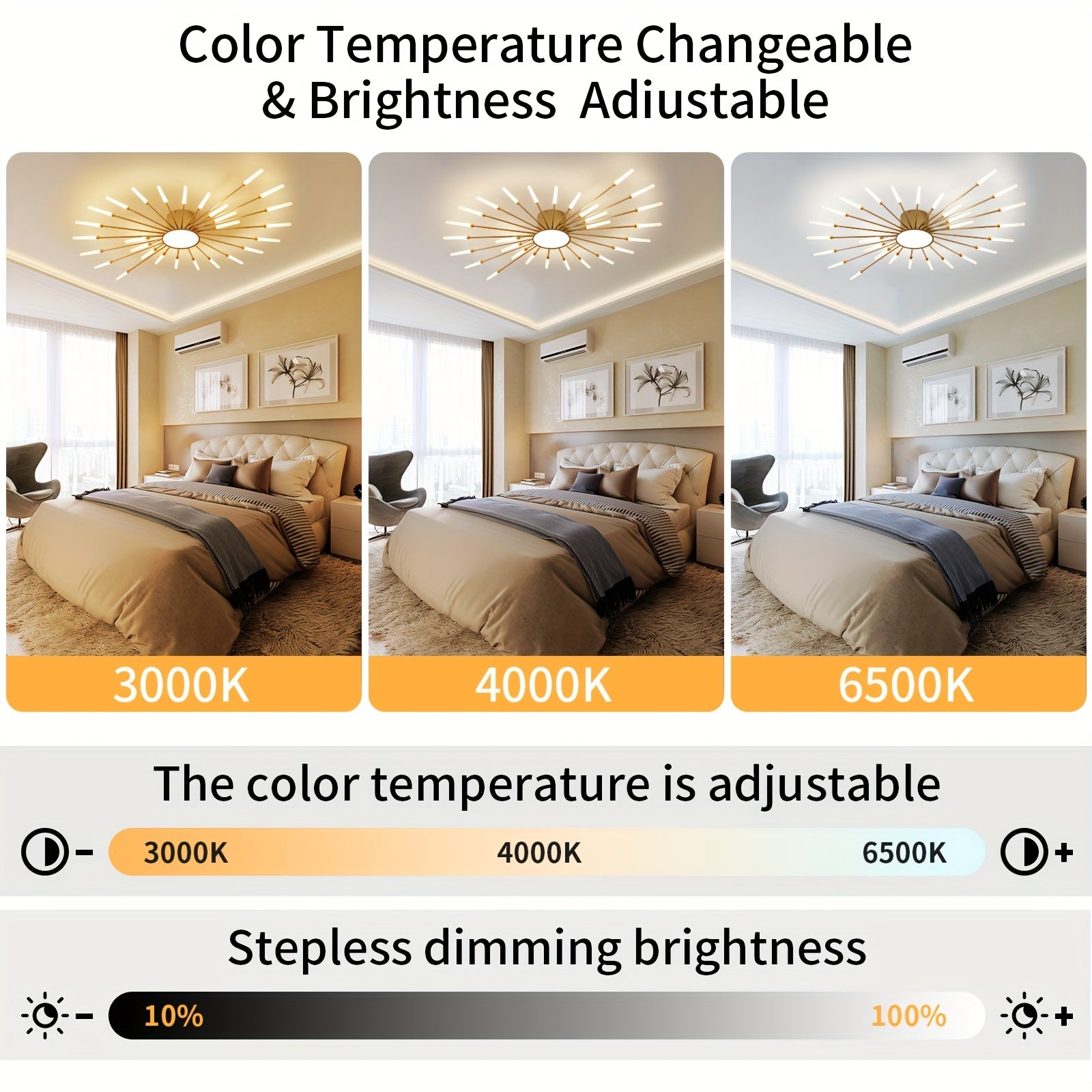 Gold sputnik flush mount ceiling light with adjustable brightness and color temperature shown across three lighting modes