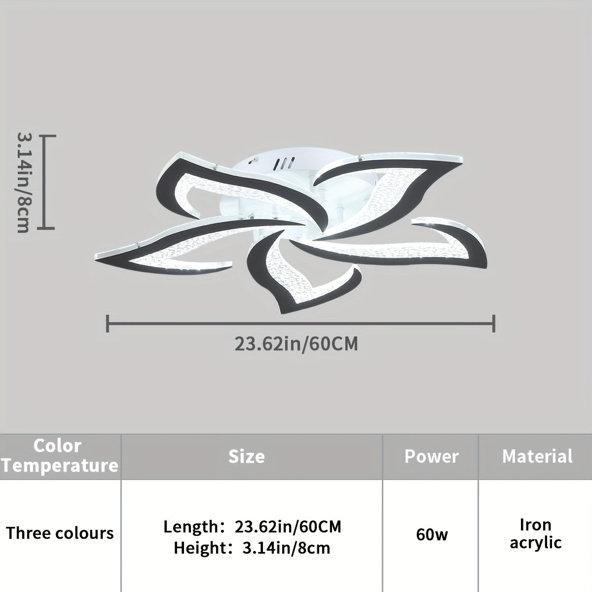 Dimensions, wattage, and material details displayed for a modern LED ceiling fixture with a curved floral shape