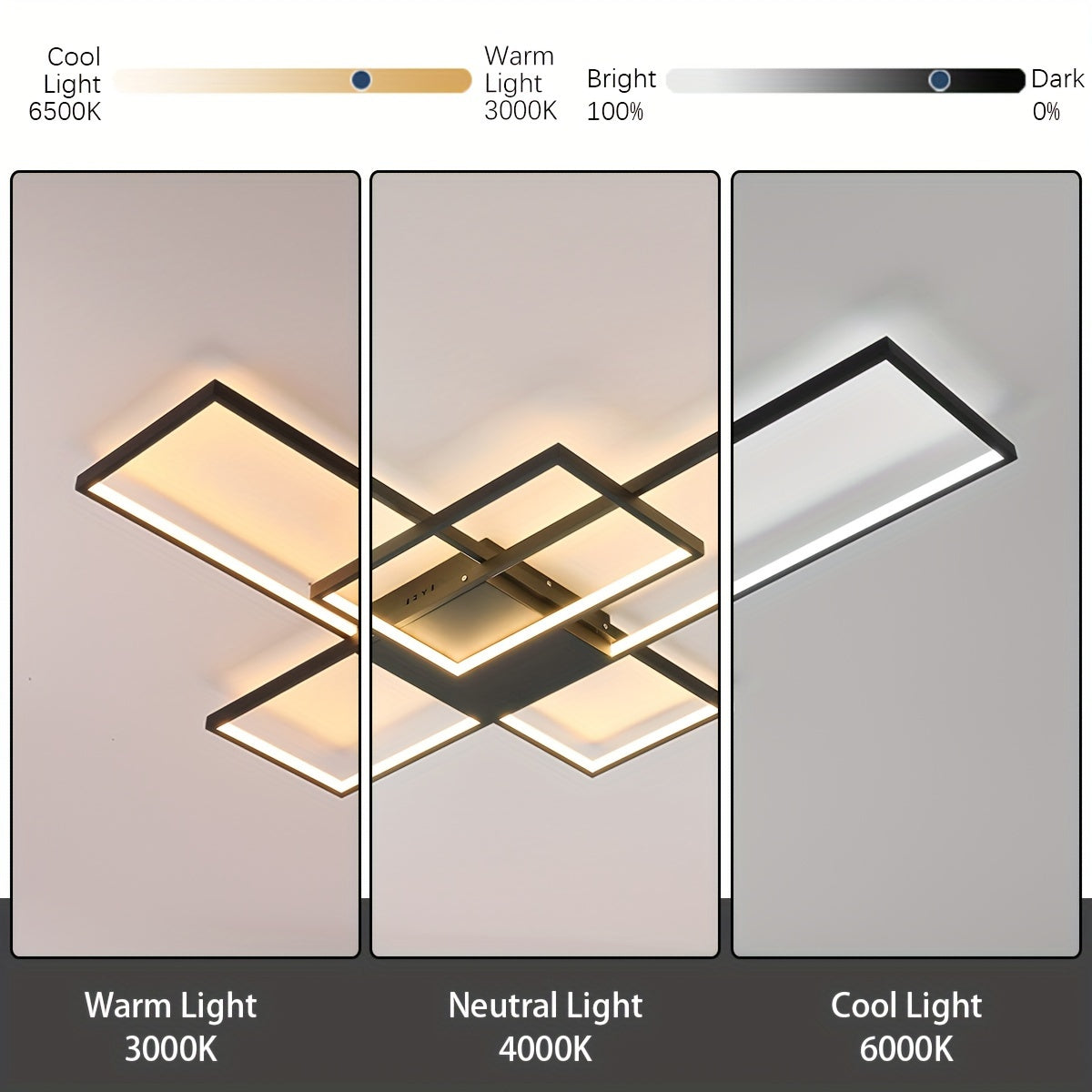 Ceiling mounted LED light shown in three parts with warm light, neutral light and cool light to demonstrate adjustable color temperature
