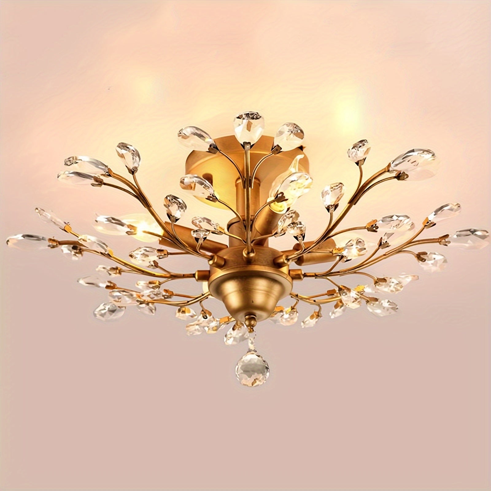 Elegant flush mount design featuring crystal branches and a gold finish, used as a vintage ceiling light fixture