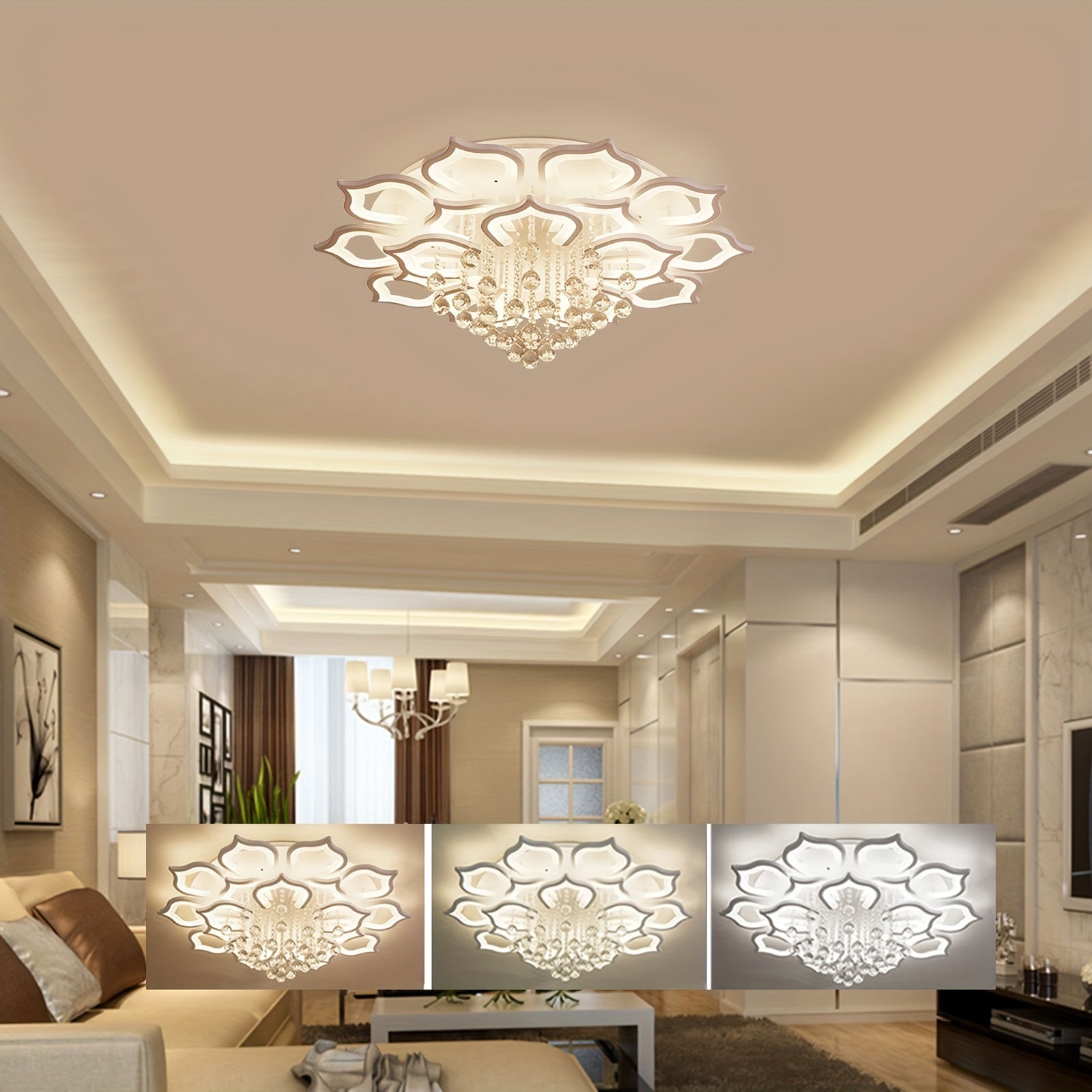 Crystal flower ceiling light mounted in a luxury interior, showing warm, soft white, and daylight glow modes with elegant room details