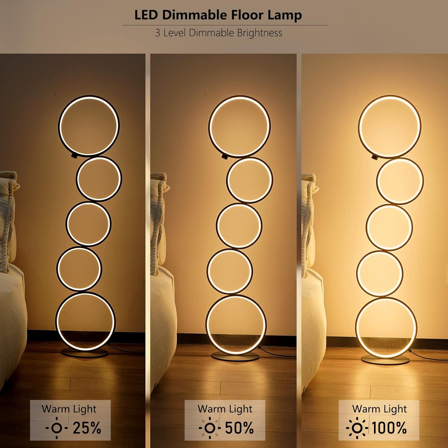 Three brightness settings displayed for a circular floor lamp with five glowing rings, featuring soft warm light levels