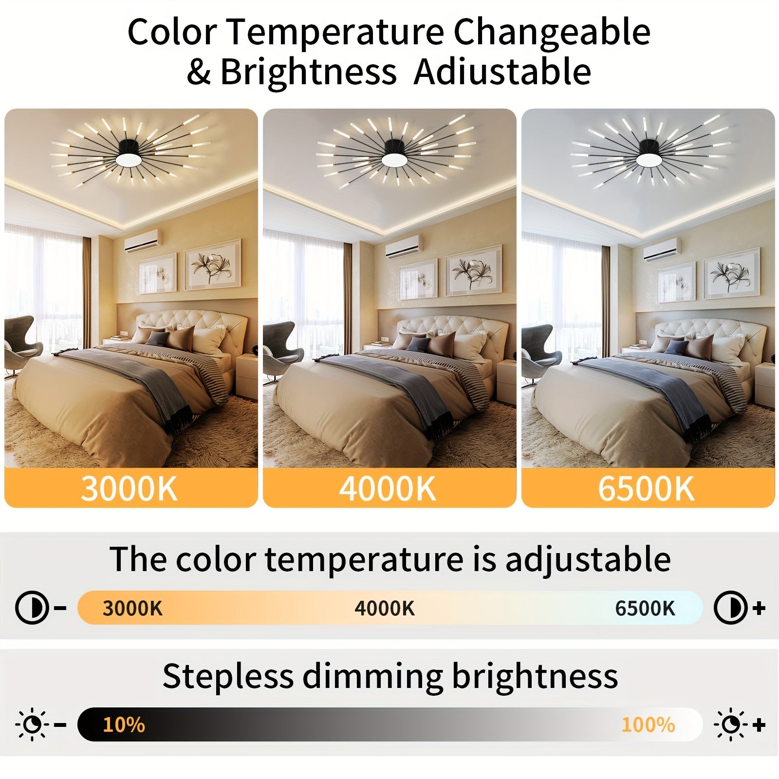 Bedroom setup showing the black sputnik flush mount ceiling light with adjustable brightness and color temperature