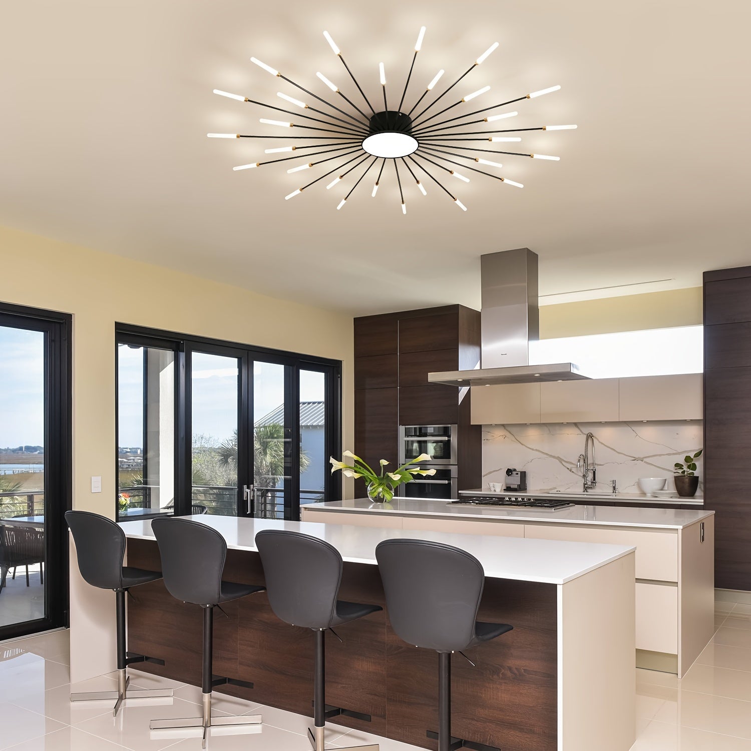 The black sputnik ceiling light for bedroom complements the kitchen and dining space with wood cabinets and large glass doors