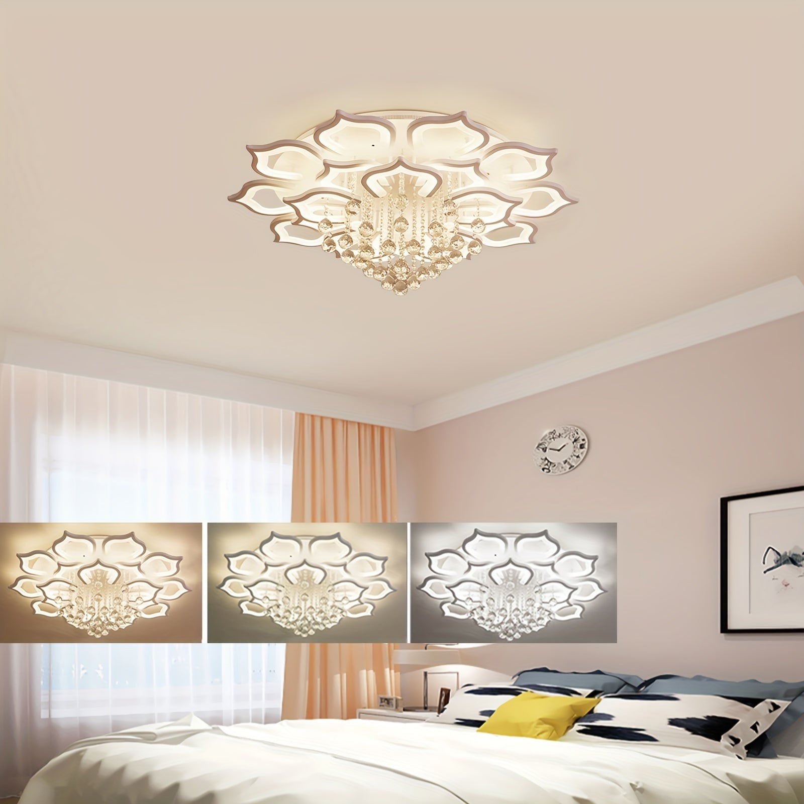Graceful flower-inspired ceiling light with crystal drops, shown in a cozy bedroom featuring warm, neutral, and cool glow options