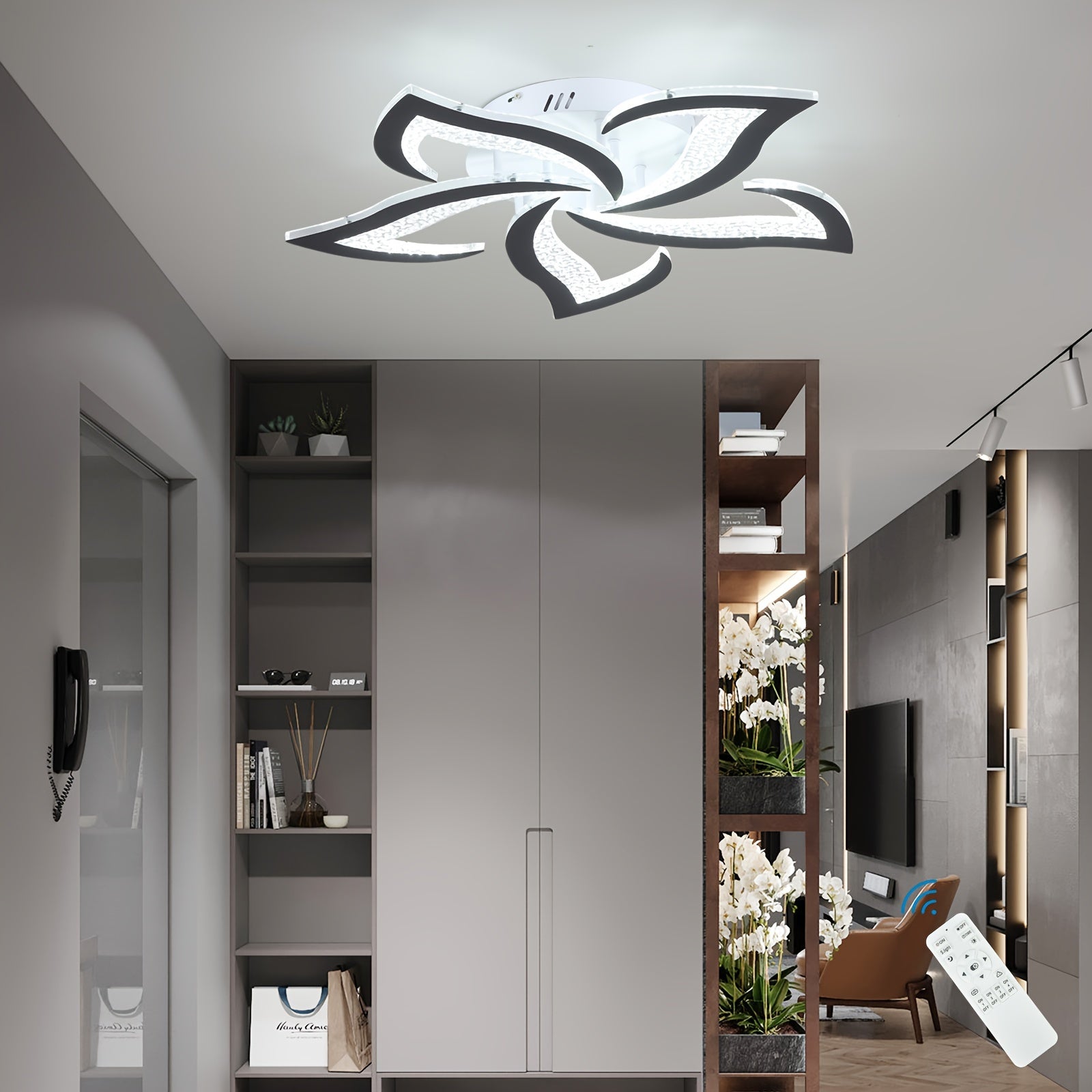 Hallway setup featuring a curved LED ceiling light with floral design, enhanced by remote control and decorative shelving