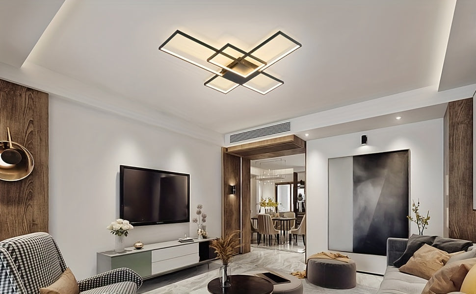 Positioned at the center of a stylish interior, the black-framed geometric LED ceiling light complements wood panel details