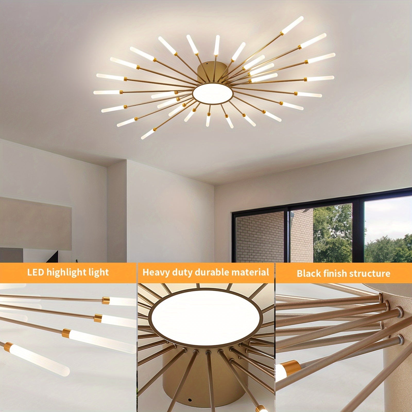 Feature views highlight the gold sputnik flush mount ceiling light with LED illumination and a durable metal structure