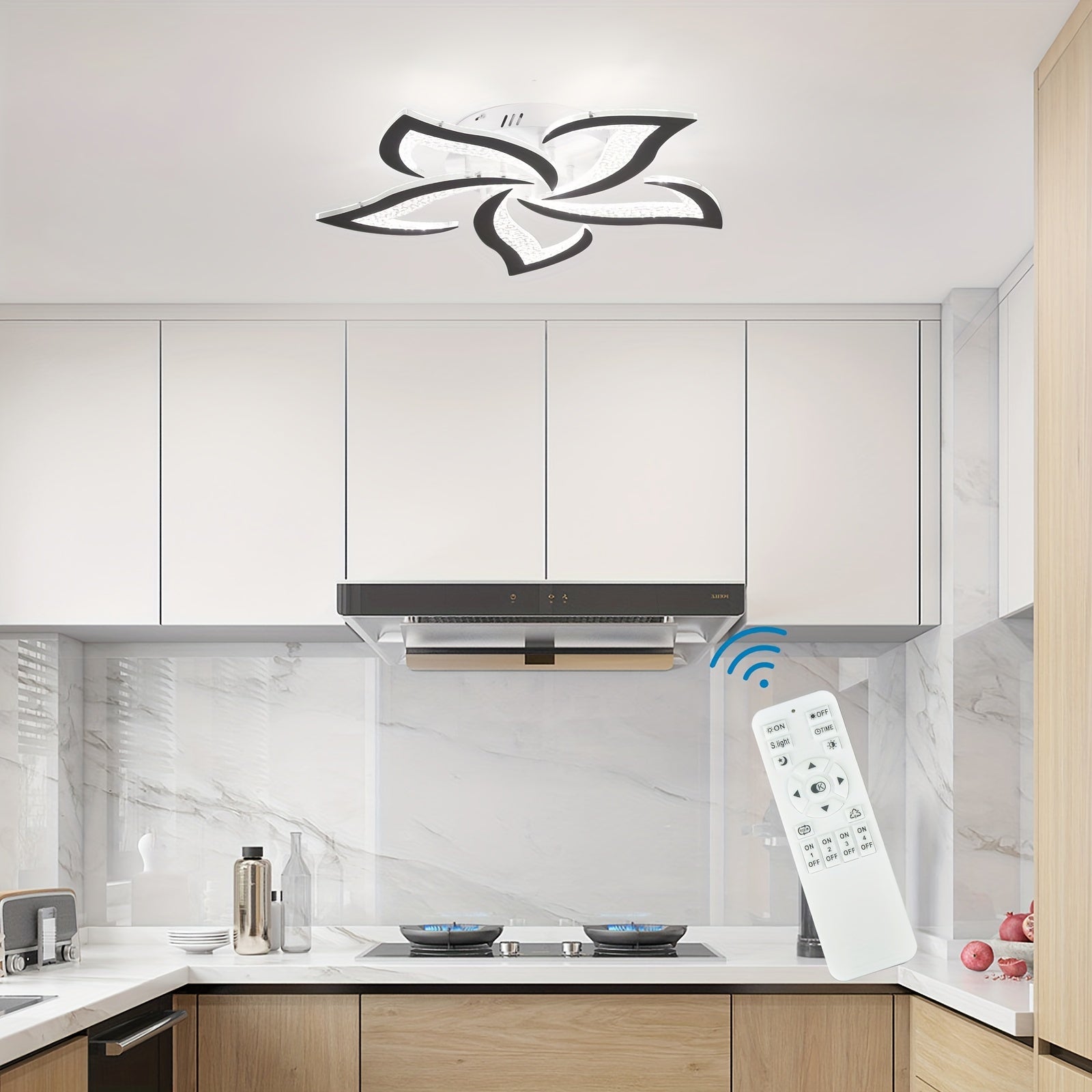 Curved White LED ceiling light with black trim installed in a modern kitchen, featuring a wireless remote for brightness and color control