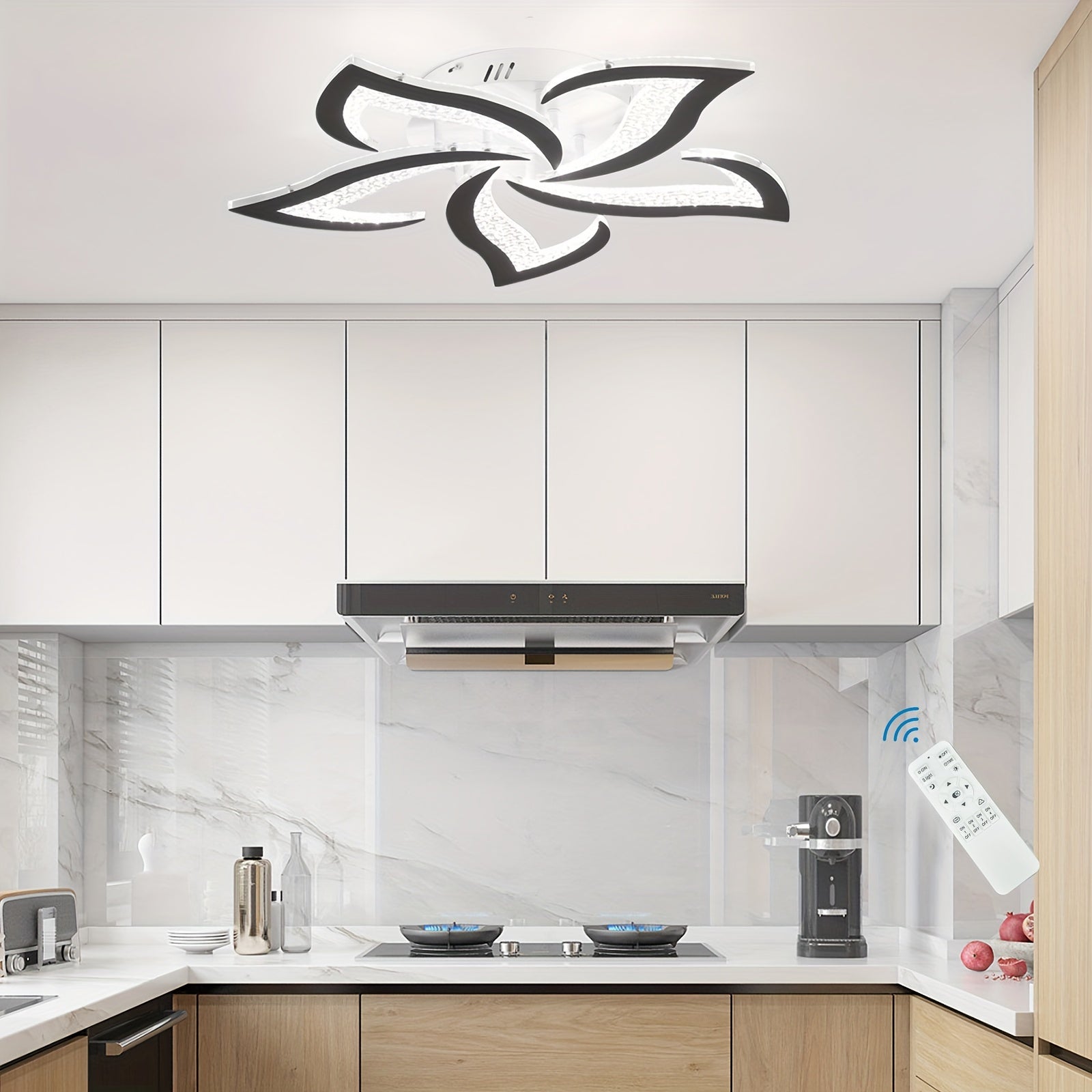 White LED ceiling light with black trim and remote control, mounted above a modern kitchen setup