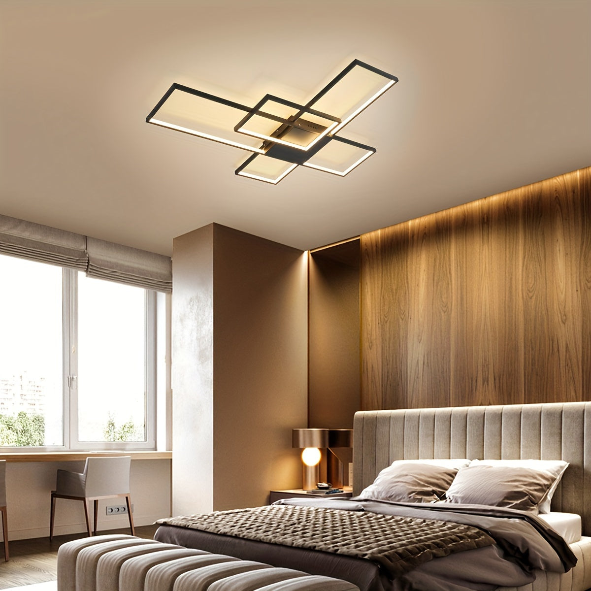 Stylish bedroom with wood panel accent wall, neutral bedding, and a black-framed LED ceiling light emitting warm illumination