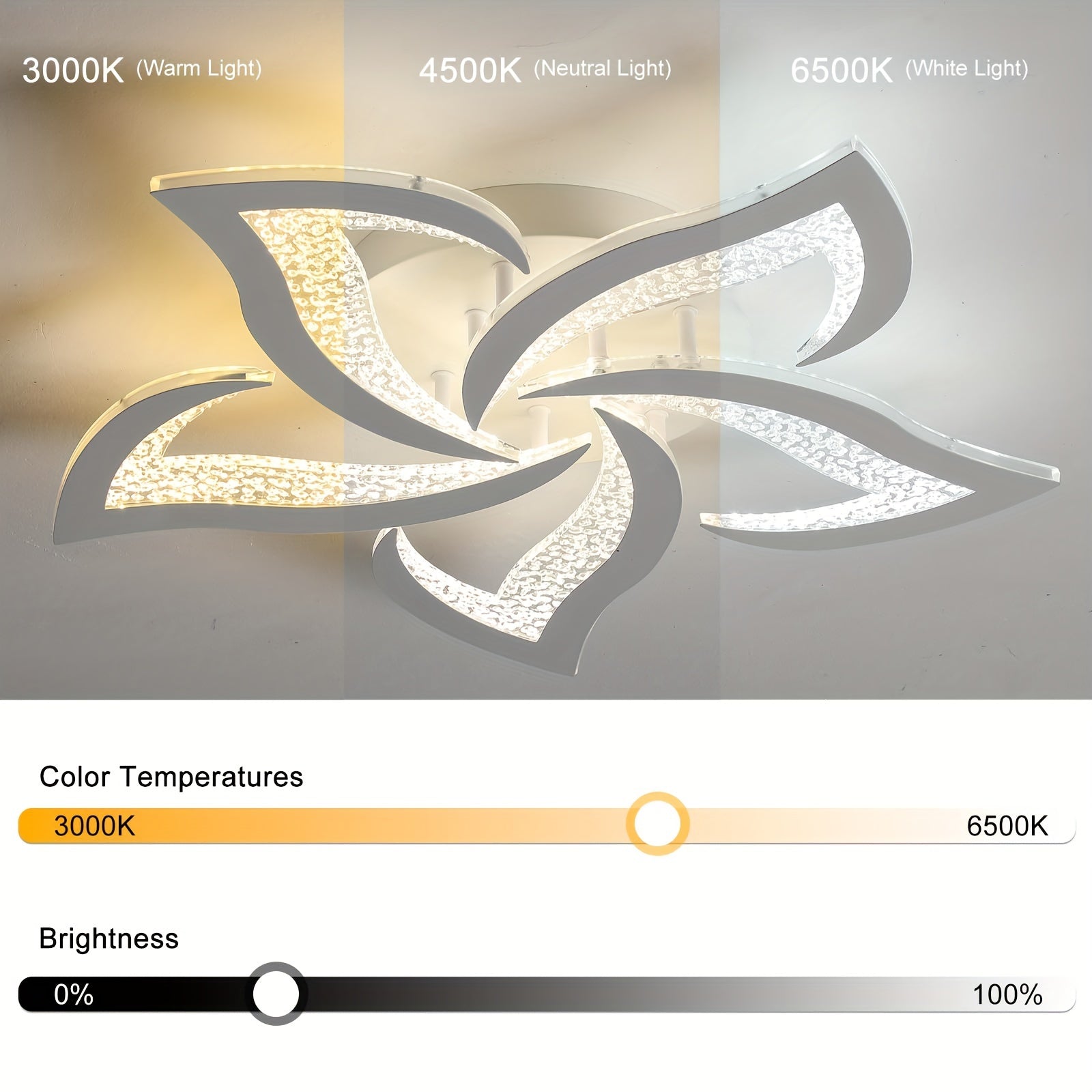 Brightness and color temperature adjustment shown for a modern LED ceiling fixture with warm, neutral, and cool lighting modes