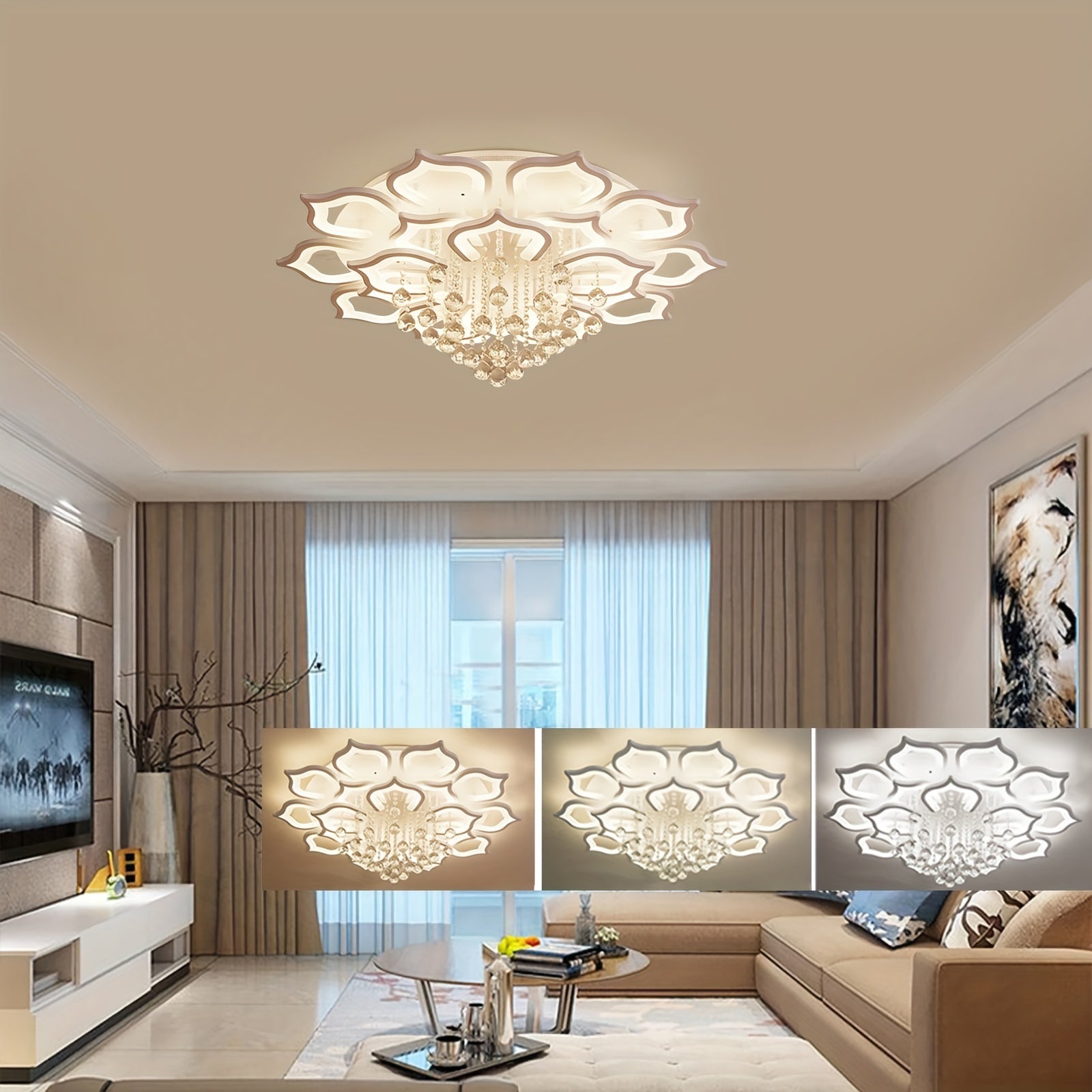 LED flower-shaped ceiling light with crystal accents shown in a bright living room, featuring multiple lighting color options for versatile ambiance