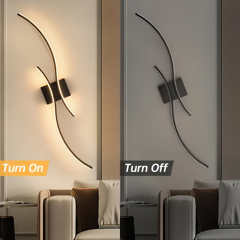 Curved LED wall light displayed in both on and off states, mounted above a modern seating space