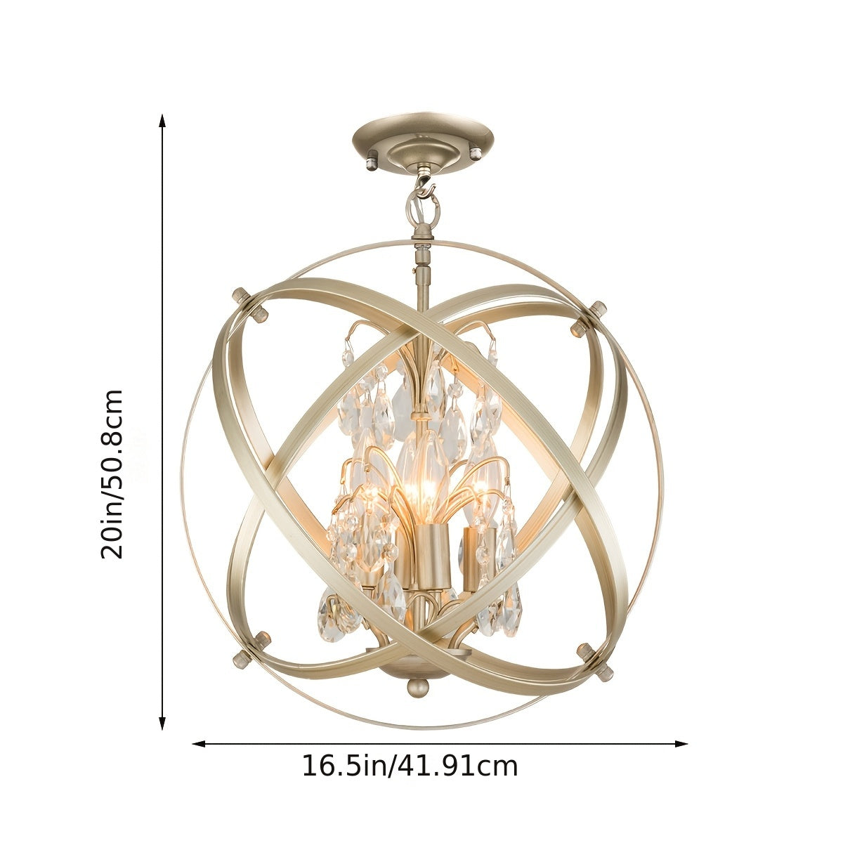 Chandelier featuring a crystal globe design with a gold intersecting frame, shown with labeled height and width in inches and centimeters