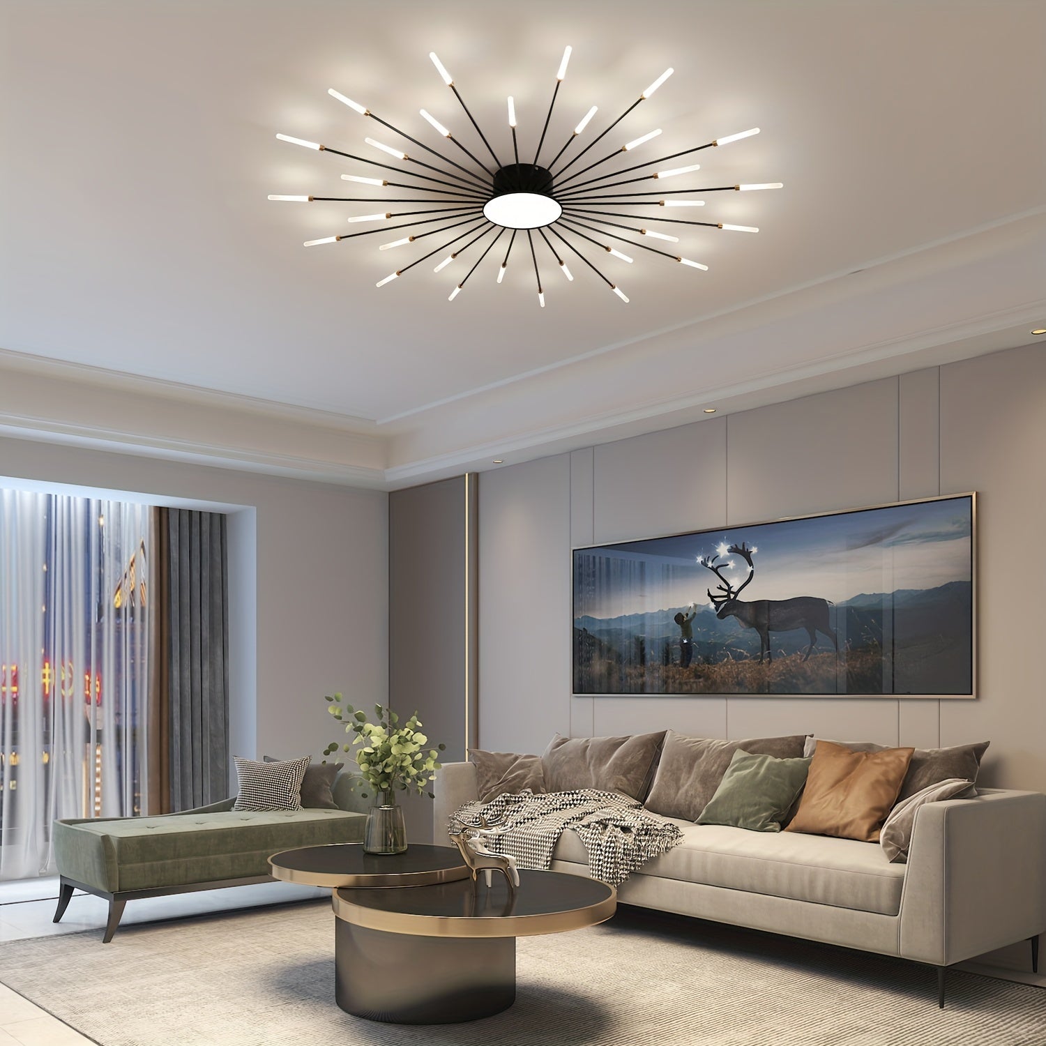 Stylish room setup with a modern sputnik ceiling light for bedroom mounted above a neutral-toned sofa and round coffee table in a softly lit setting