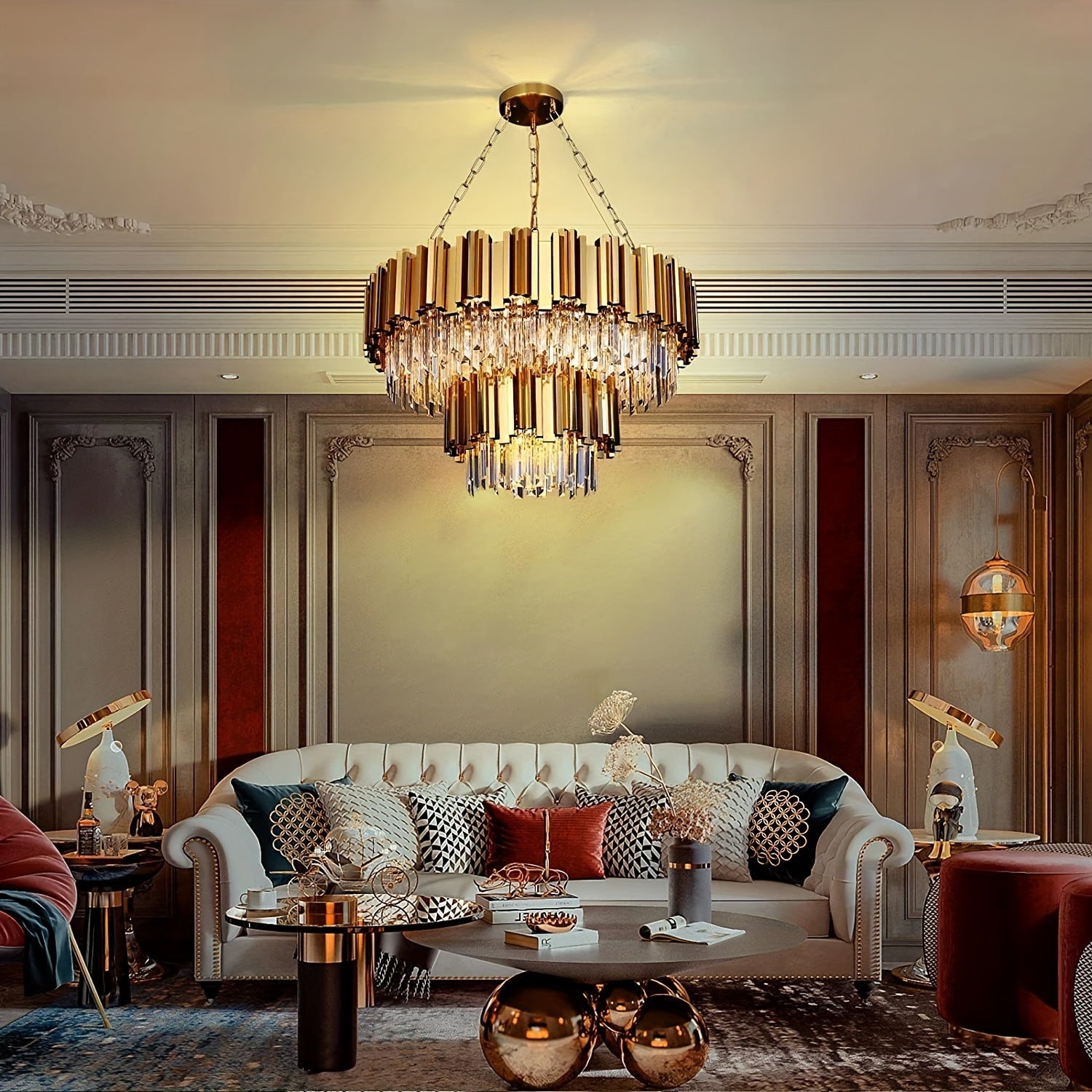 A stunning golden crystal chandelier illuminating a luxurious living room with elegant furniture and decor.
