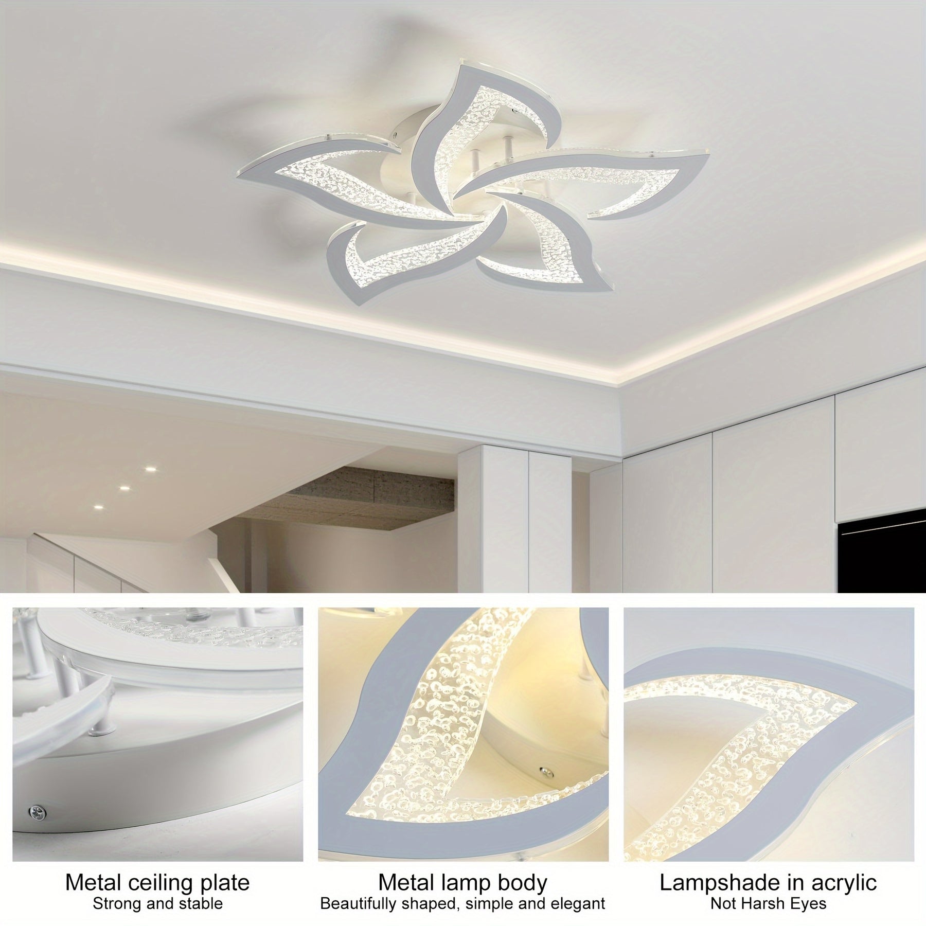 Details of a flower-shaped LED ceiling light, featuring a metal base, curved metal lamp body, and acrylic lampshade designed for soft eye comfort
