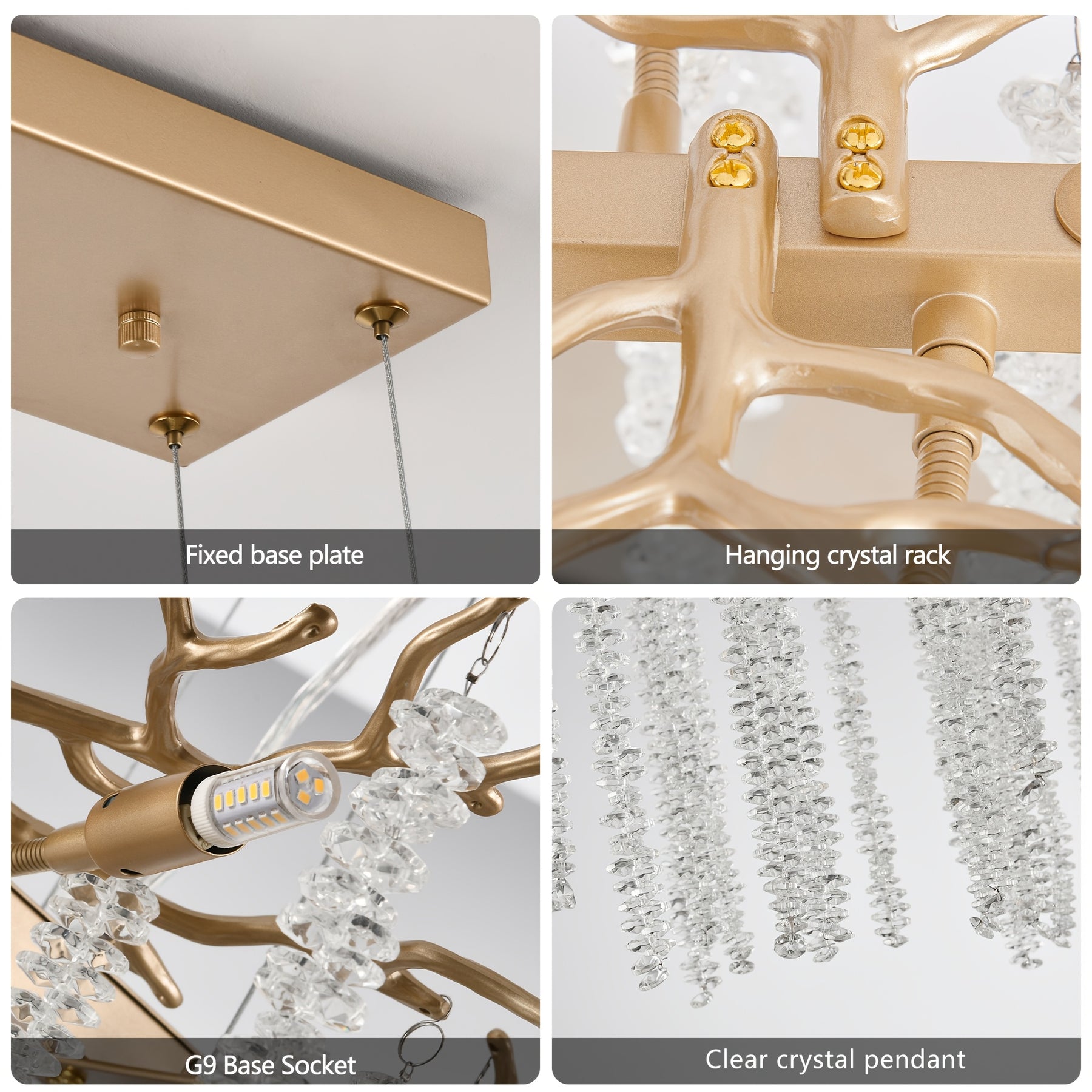 Chandelier with branch design for dining room, showing base plate, crystal rack, G9 socket, and clear crystal pendants