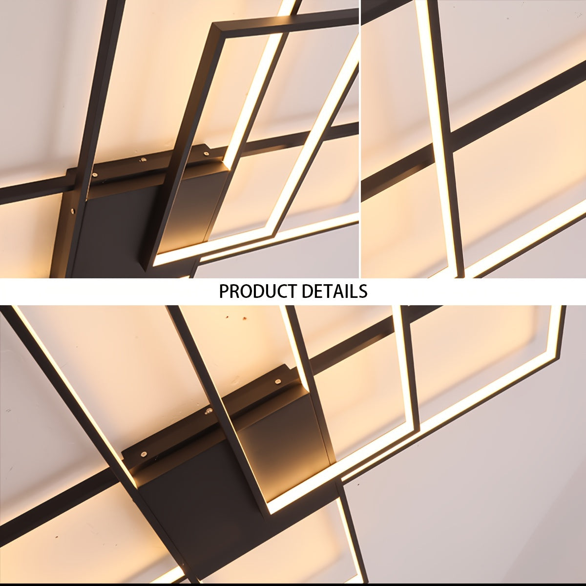 Close view of a modern black frame LED ceiling light with rectangular panels, highlighting detailed construction