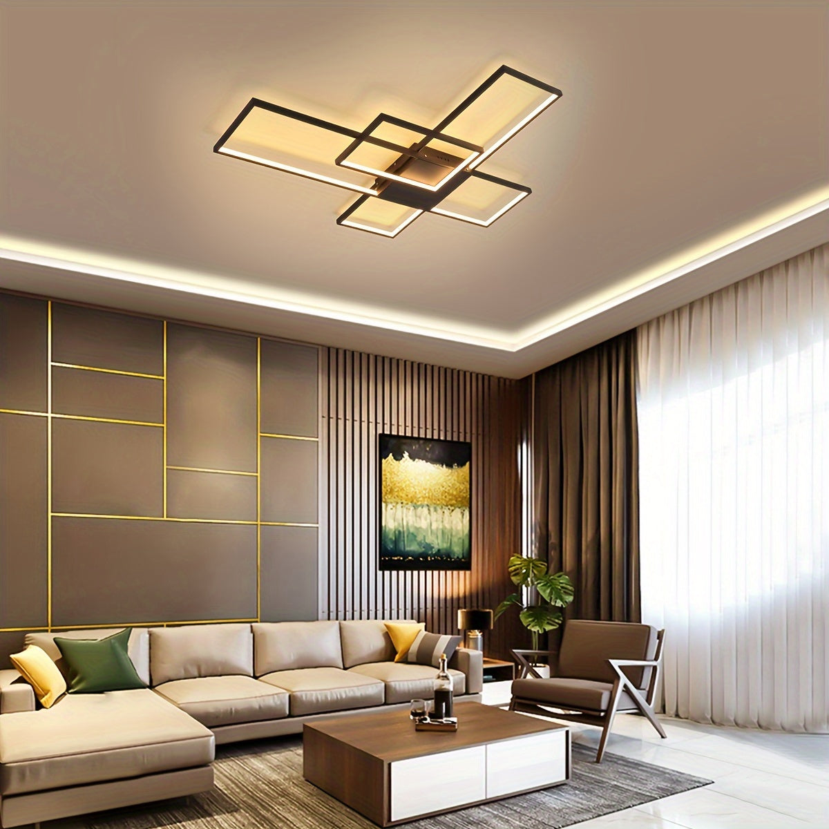 Modern living area featuring a geometric LED ceiling light, paired with neutral-toned furniture, decorative wall panels, and floor-to-ceiling curtains