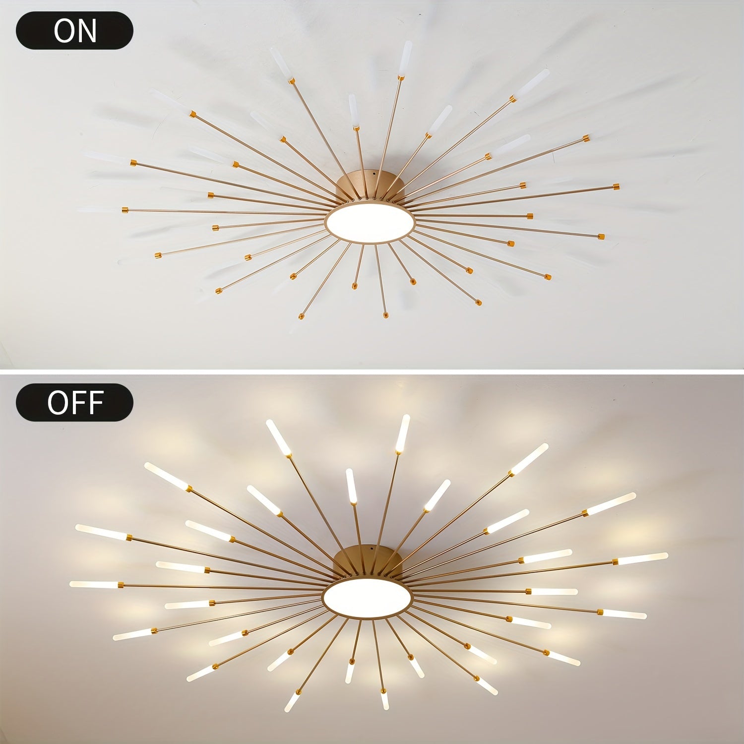 Two-angle view showing the sputnik ceiling light for bedroom in both lit and unlit modes with a gold starburst frame